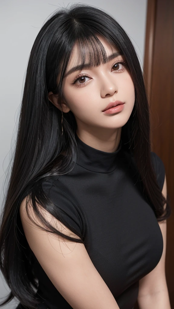 Close up de uma mulher em um vestido rosa posando para uma foto, com cabelo comprido preto com franja, Asian woman with long black hair with bangs, Garota japonesa com franja cabelo preto, pequenos seios, corte de cabelo longo preto com franja, seios pequenos, perfeito skin, cabelo molhado preto com franja, perfeito, Cabelo escuro preto com franja, olhos escuros, textura altamente detalhada do rosto e da pele, belos olhos, cabelo com franja preto, sorrindo, japonesa