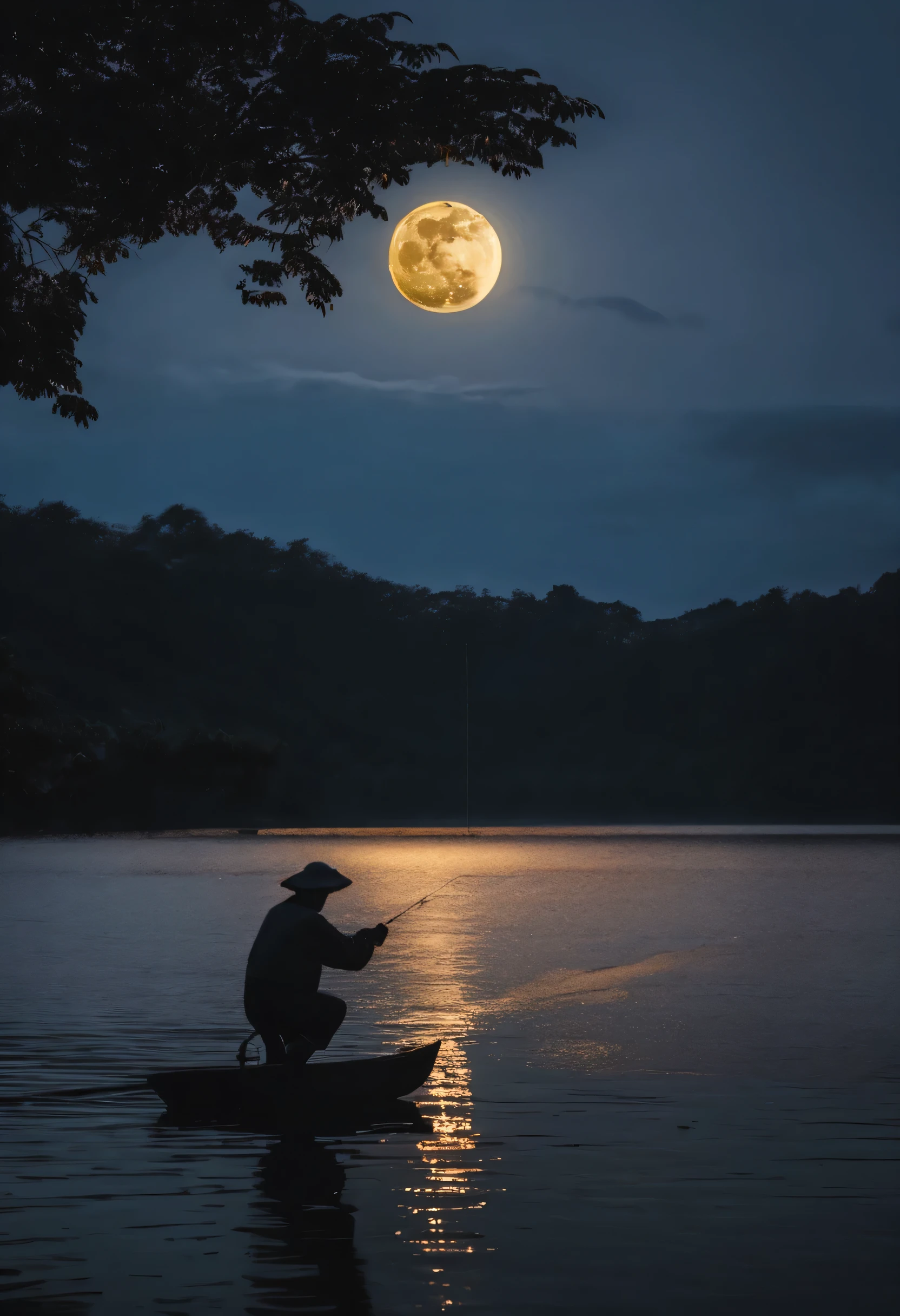 a fisherman catching a fish, full moon lights,