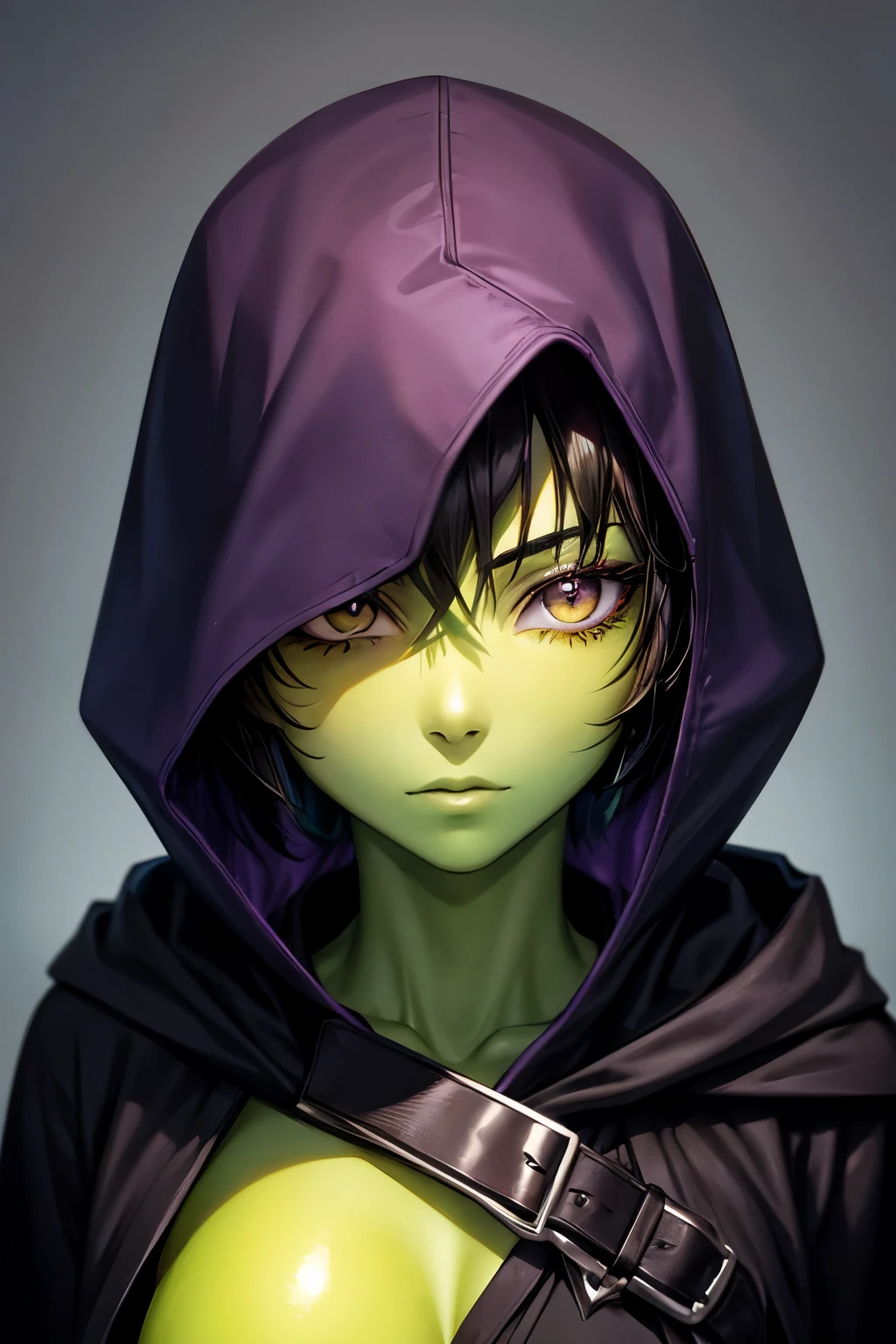 female with green skin, short black hair, puple eyes, in black dark hood,