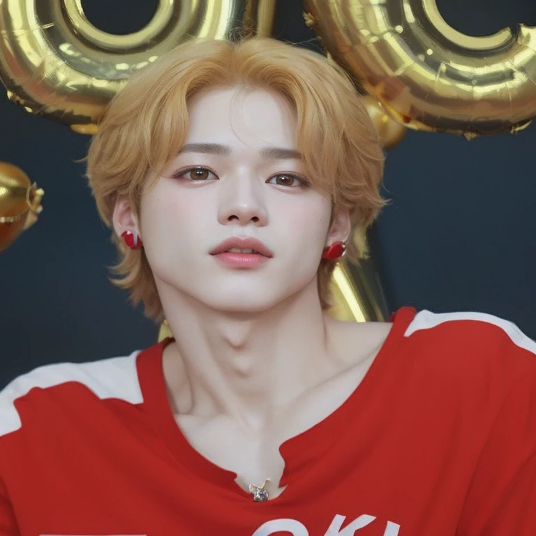 a close up of a person wearing a red shirt and a gold balloon, jung jaehyun, jimin, park jimin, jimin\'s grecian nose, accurate jimin face, jimin\'s plump lips, jimin\'s right eyelid swollen, delicate androgynous prince, park jimin