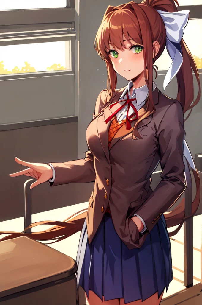 masterpiece, best quality, anime, highly detailed, 1girl, solo, school uniform, standing, classroom, monika, green eyes, brown hair, very long hair, ponytail, hair ribbon, white ribbon,