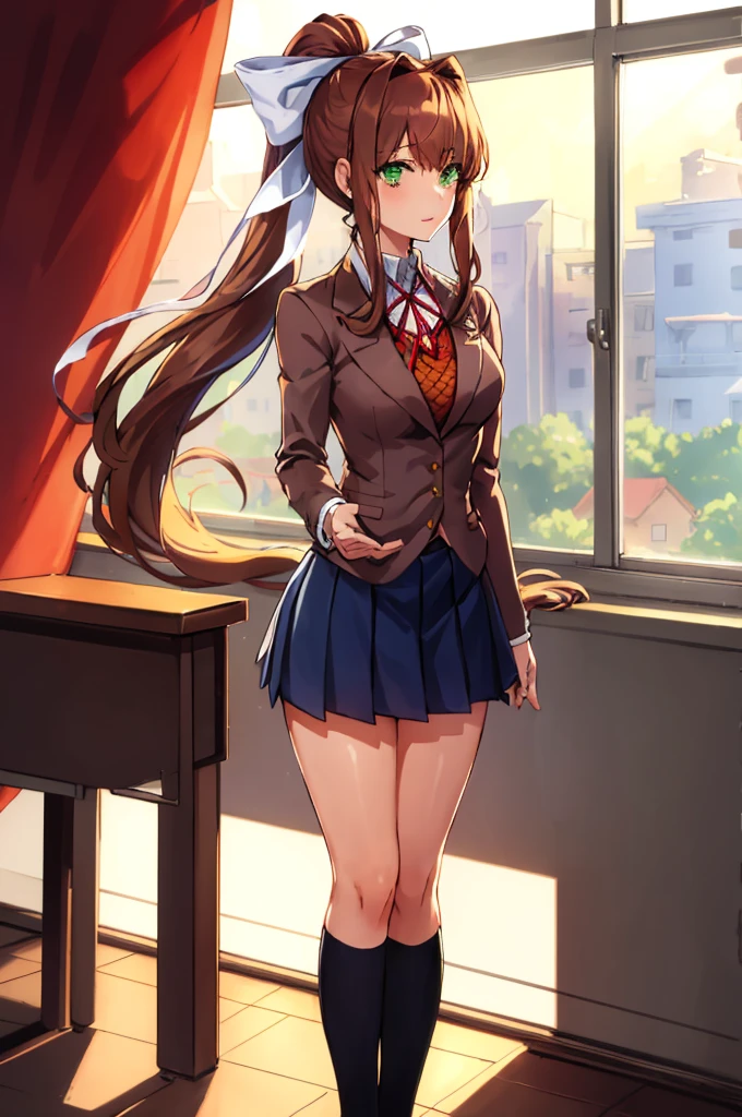 masterpiece, best quality, anime, highly detailed, 1girl, solo, school uniform, standing, classroom, monika, green eyes, brown hair, very long hair, ponytail, hair ribbon, white ribbon,  