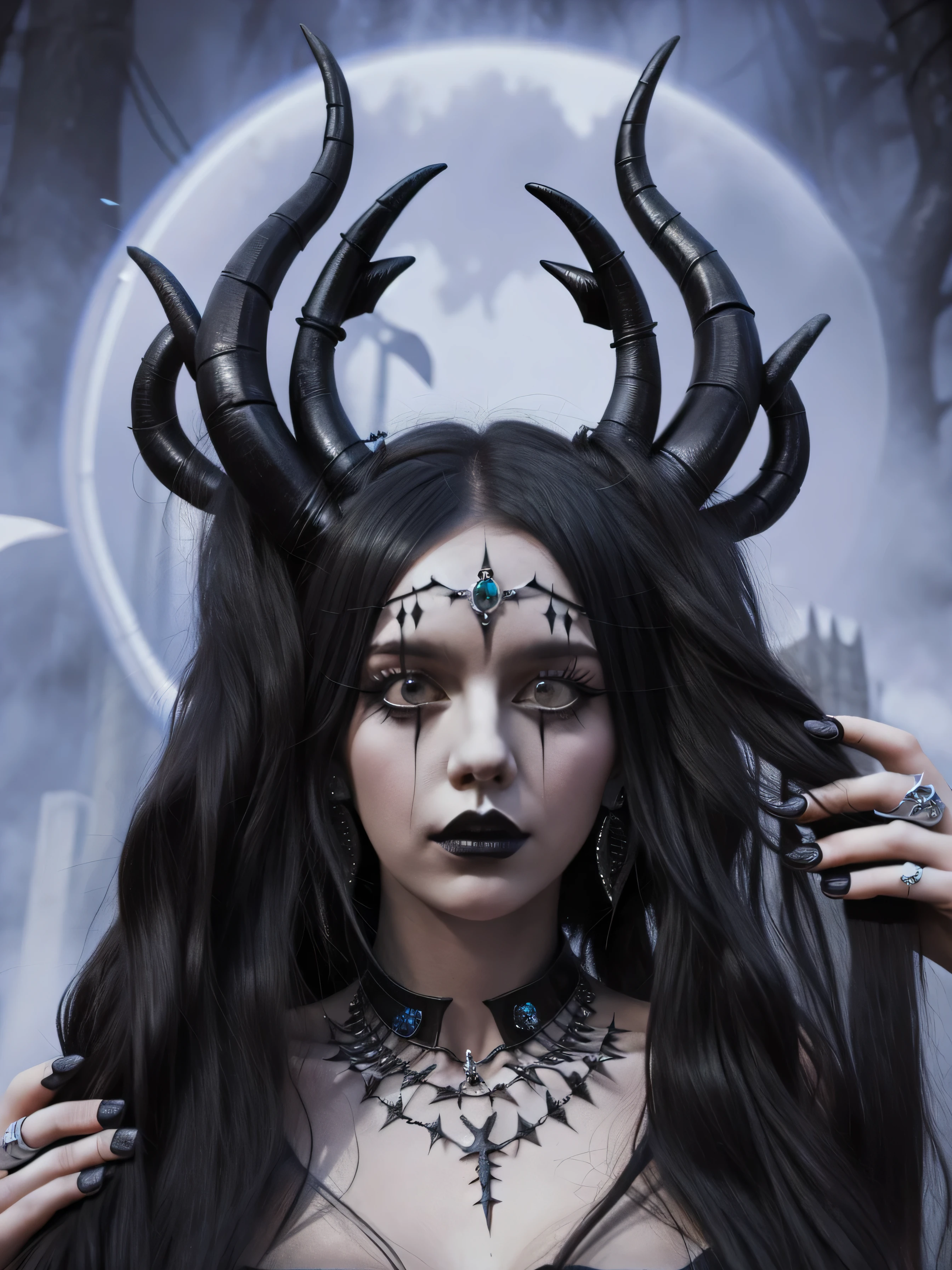 witch in horned headdress, in the style of deathcore, trapped emotions depicted, metalwork jewelry, tenebrism mastery, iconic