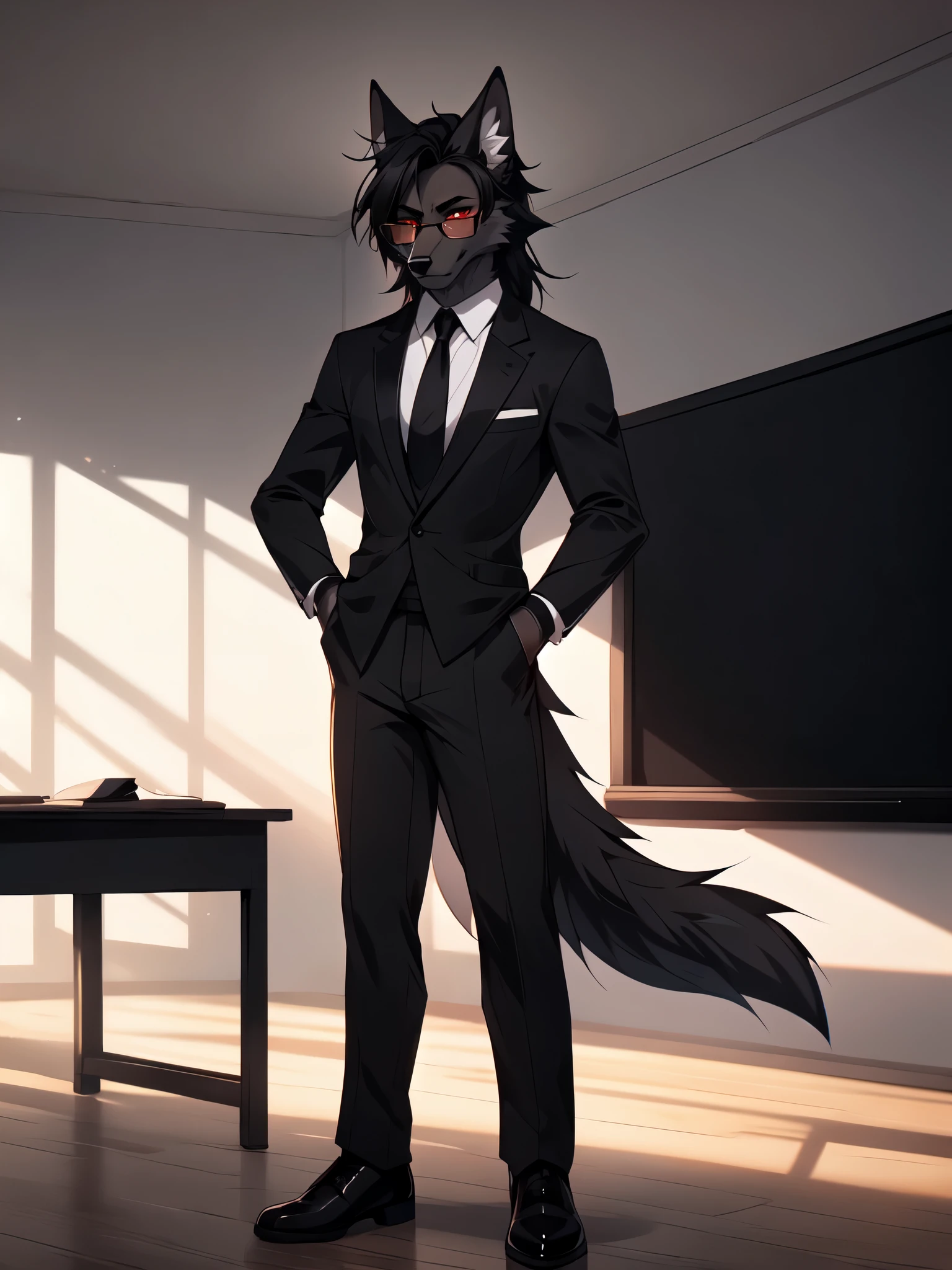 By fumiko, by hyattlen, by hioshiru, Natasha, dark grey wolf, male, tall and slender, red eyes, white sclera, long straightened black hair, black wolf tail, black wolf ears, white ear fluff, wearing elegant glasses, black suit, red tie,black slacks, black gloves, black oxfords, standing in an elegant classroom, adjusting his glove, serious face, furrowed eyebrows