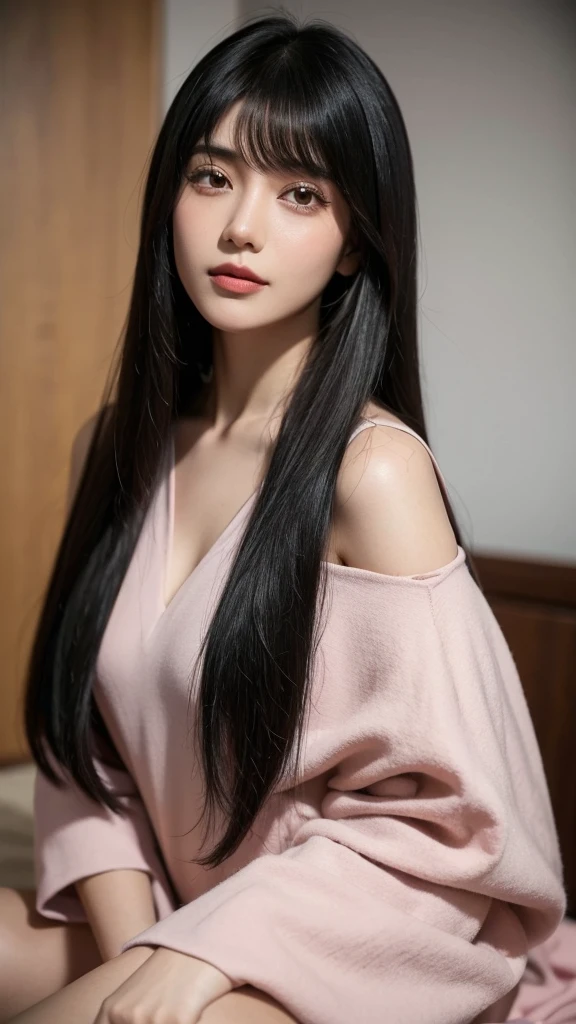 Close up de uma mulher em um vestido rosa claro posando para uma foto, com cabelo comprido preto com franja, vestido rosa claro, Asian woman with long black hair with bangs, Garota japonesa com franja cabelo preto, pequenos seios, vestido rosa claro, corte de cabelo longo preto com franja, seios pequenos, perfeito skin, cabelo molhado preto com franja, perfeito, Cabelo escuro preto com franja, olhos escuros, textura altamente detalhada do rosto e da pele, belos olhos, cabelo com franja preto, sorrindo, japonesa