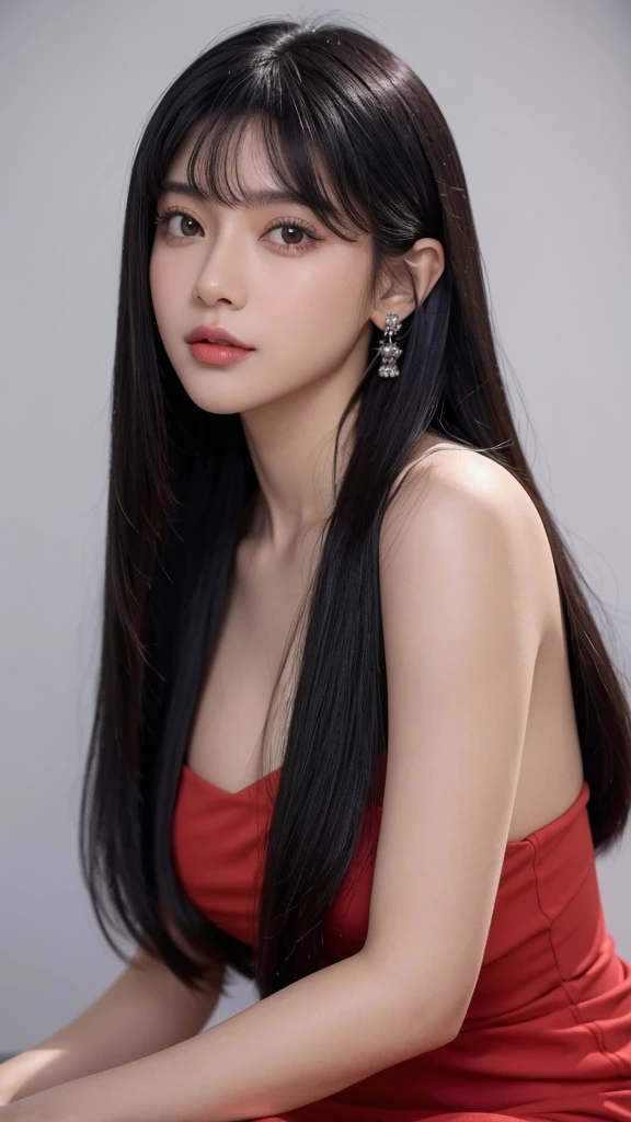 Close up de uma mulher em um vestido rosa claro posando para uma foto, com cabelo comprido preto com franja, vestido rosa claro, Asian woman with long black hair with bangs, Garota japonesa com franja cabelo preto, pequenos seios, vestido rosa claro, corte de cabelo longo preto com franja, seios pequenos, perfeito skin, cabelo molhado preto com franja, perfeito, Cabelo escuro preto com franja, olhos escuros, textura altamente detalhada do rosto e da pele, belos olhos, cabelo com franja preto, sorrindo, japonesa