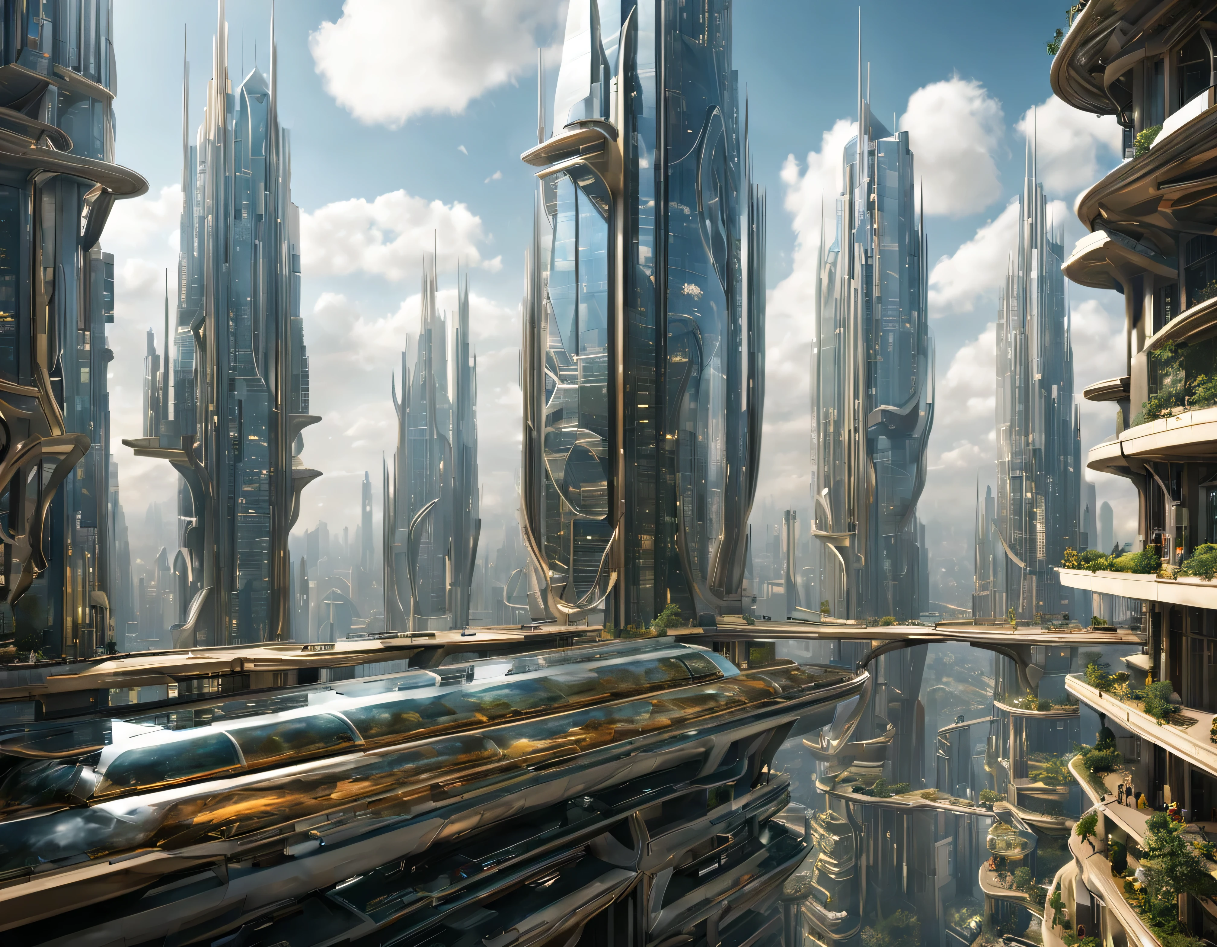 the city of megacity futuristic science fiction city as it would be in the year 3029, vista desde una terraza , with high-tech design , edificios de metal y cristal, autopistas cruzandolos, de una inmensidad impresionante, con el empleo de oro , plata y bronce en su construccion, realmente impresionante a la vista, imagen bien definida, fondo nitido bien defifido, con muchos edificios juntos. imagen nitida bien definida 8k. los edificios llegan alta el fondo.,8k. imagen cinematografica, renderizado 3d, ((obra maestra de superior calidad)).
