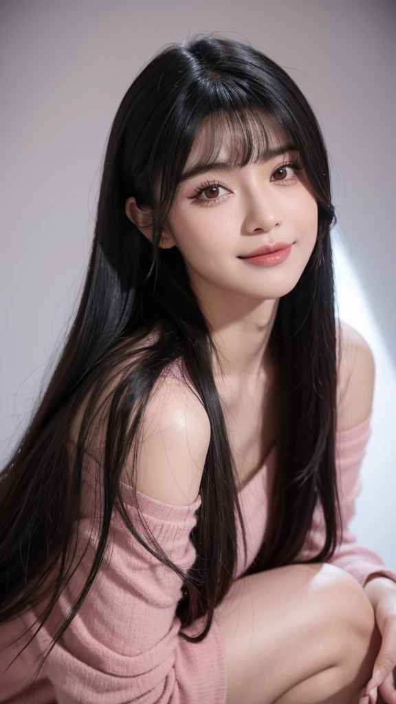 Close up de uma mulher em um vestido rosa claro posando para uma foto sorrindo, com cabelo comprido preto com franja, vestido rosa claro, Asian woman with long black hair with bangs, Garota japonesa com franja cabelo preto, pequenos seios, vestido rosa claro, corte de cabelo longo preto com franja, seios pequenos, perfeito skin, cabelo molhado preto com franja, perfeito, Cabelo escuro preto com franja, olhos escuros, textura altamente detalhada do rosto e da pele, belos olhos, cabelo com franja preto, sorrindo, japonesa