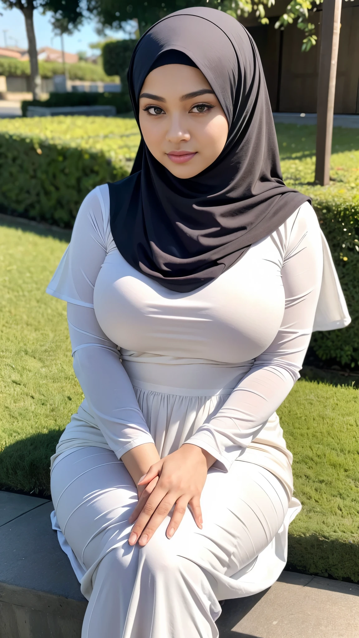 (Close Up),RAW, Best quality, high resolution, masterpiece: 1.3), realistis,beautiful Malay woman in hijab, Masterpiece, fit body, big breasts, big eyes, beautiful face, Soft smile, thick thighs, Muslim woman wearing a brown top and wearing a white long skirt, sitting on city garden, beautiful masterpieces, extraordinary lighting, bright colors, clean lines