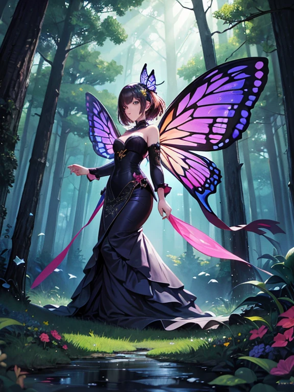 (masterpiece:1.2),break,extremely high quality, forest with butterfly,  beautiful trees,illustration,fine details,vivid colors,majestic lighting