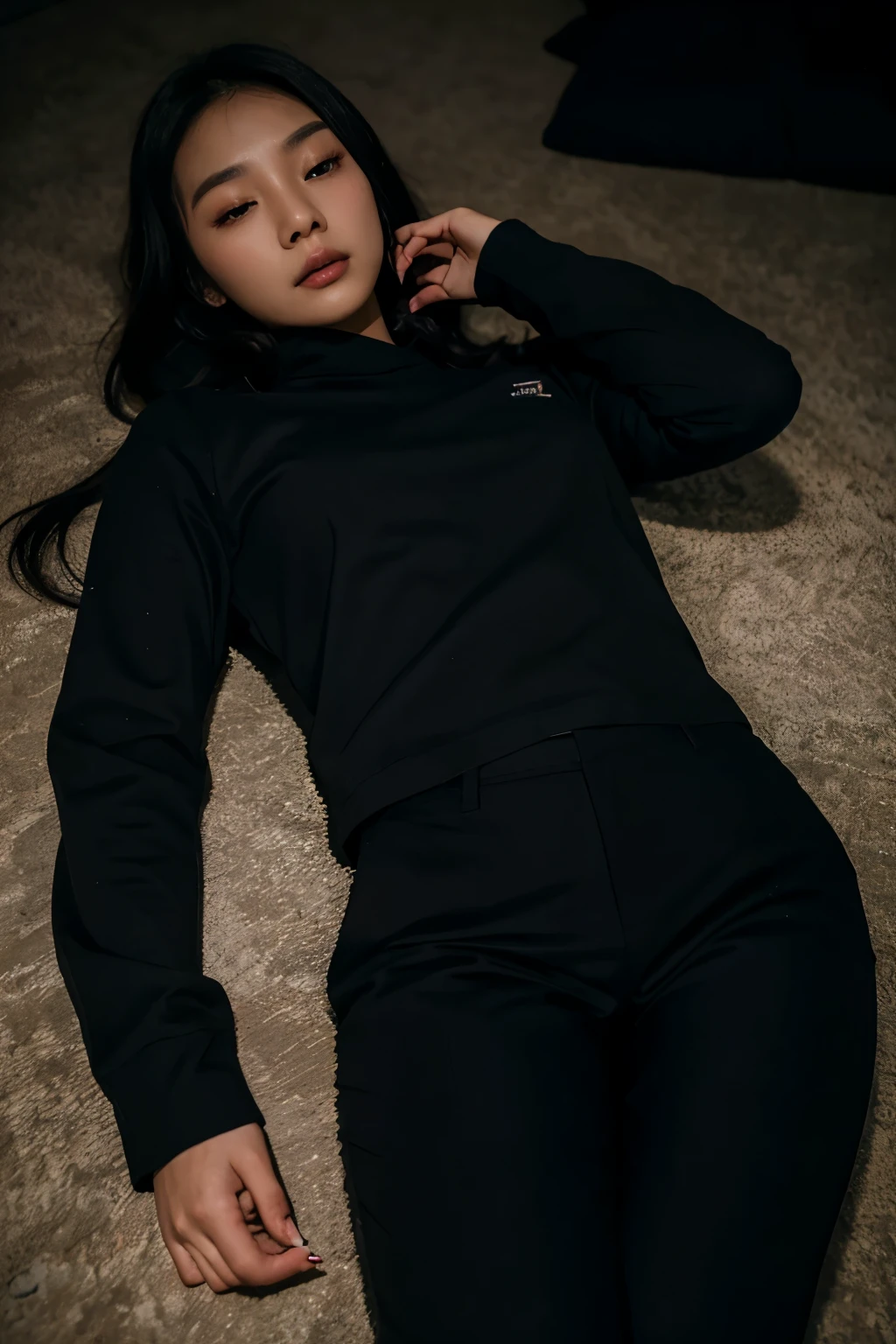 A Korean woman wearing black long sleeves and black pants lying dead on the floor in the dark of night