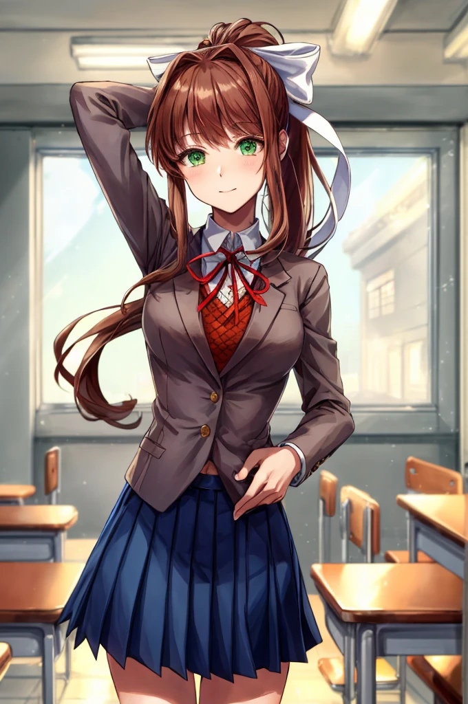 masterpiece, best quality, anime, highly detailed, 1girl, solo, school uniform, standing, classroom, monika, green eyes, brown hair, very long hair, ponytail, hair ribbon, white ribbon,