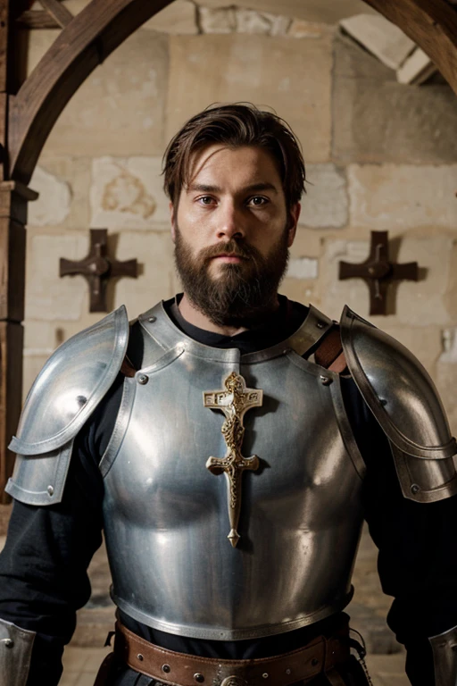 medieval knight, bearded, short hair, with full plate and greatsword, cross on the chest