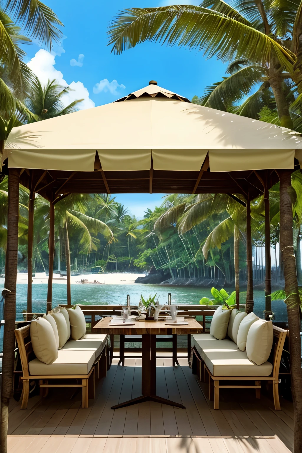 Amidst the lush greenery of palm and coconut trees, a scenic tropical beach holiday setting in Sommer unfolds. The serene environment is adorned with numerous tables and chairs, shielded by a canopy, creating an inviting and pleasant atmosphere. Situated near the beachfront, this idyllic location houses a cozy Strandbar.
The breath-taking scene boasts beautiful surroundings - an Outdoor environment ideal for relaxation and rejuvenation. The warm Sommer sun adorns the scenery with a pleasing and comfortable atmosphere. The canopy's background showcases a rustic ambiance, complemented by a table that adds depth and texture to