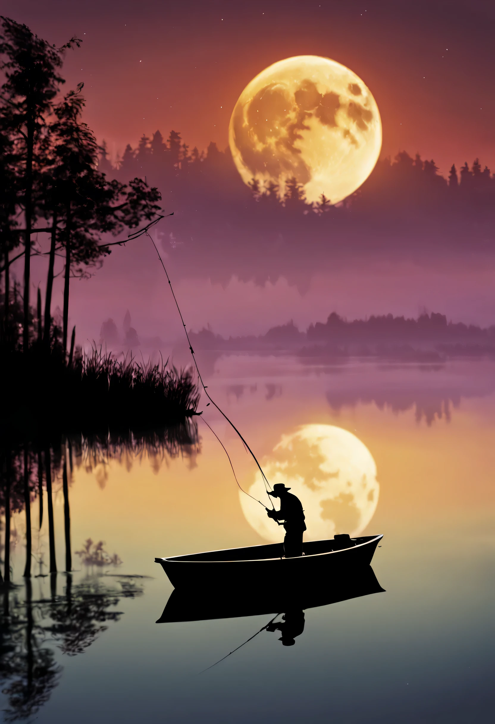 Generate a captivating image of a lone fisherman casting his line under the enchanting glow of a full moon. Capture the serene ambiance of the scene, highlighting the reflection of moonlight on the calm water and the silhouette of the angler engrossed in the pursuit of his catch. Infuse a sense of tranquillity and mystery into the composition, emphasizing the beauty of the nocturnal fishing experience