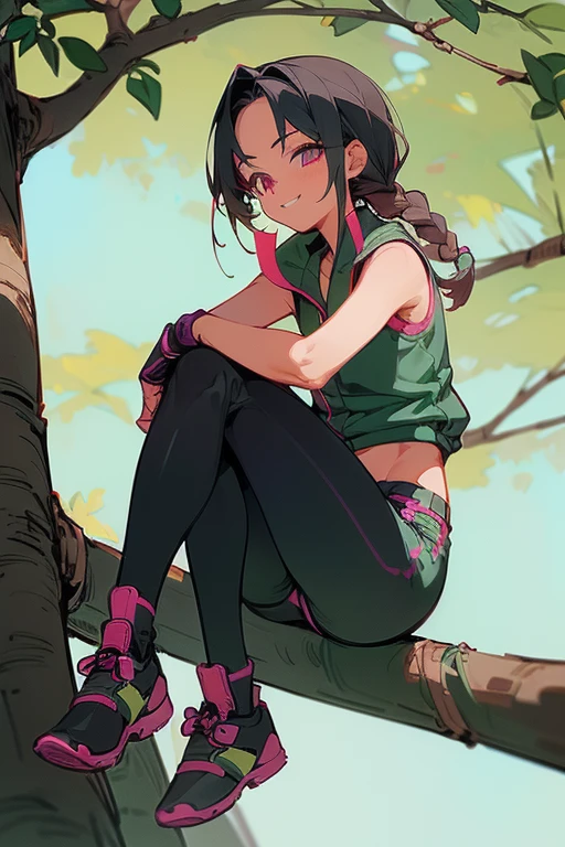 (Masterpiece: 1.5, best quality, high resolution: 1.3, super resolution, super detailed, ultra detailed: 1.3, rich background: 1.2, 1 girl)) pink eyes + long black hair with pink tones + hair in a braid + body feminine + medium chest + medium hips + thick thighs (sleeveless bodysuit, long-sleeved haori, small bags tied from her hips to her thighs, loose shorts, ninja shoes, fingerless gloves) ((smiles, sitting on a branch of a tree, lighting of the sun, ninja girl from naruto)) (colors for clothing and accessories: white, black, aquamarine green, brown)