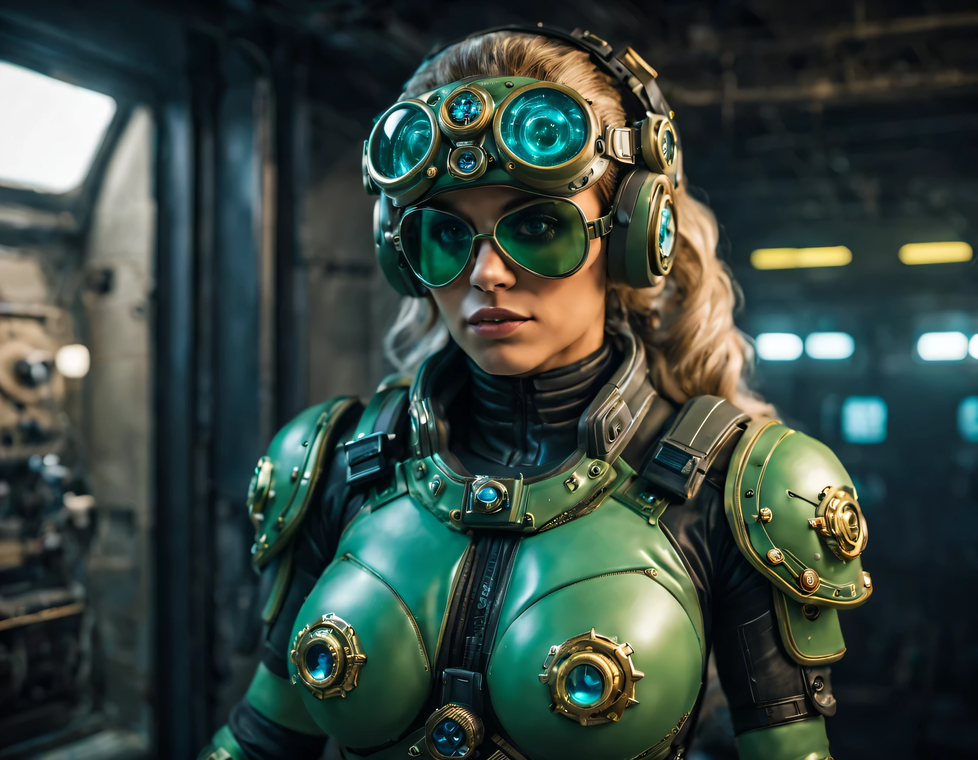 ((cuerpo completo)), hembra alienigena , bellisima, ojos verdes, piel celeste pastel, casco, gafas, sonriente, de pie, vestida con traje gears of war,  engarzado con oro refulgente, piedras preciosas de colores y diamantes, casco (se encuentra en centro de control de estacion espacial),detalles intrincados de la maquina de alta calidad), estilo cinematografico, nitidez absoluta, imagen 8k.(obra maestra).fondos de pantalla, ultra detallado.