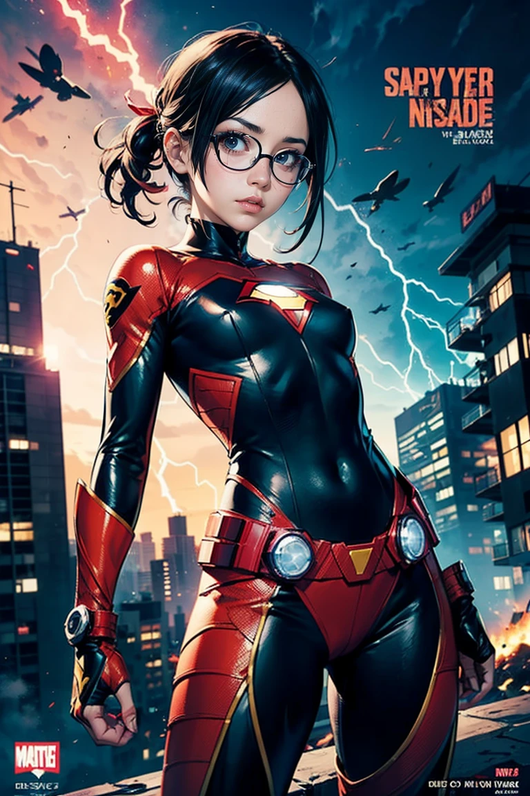 (Sarada Uchiha,bodysuit, Estilo de capa de quadrinhos),Comic book cover title,super hero land,city, action,fight,(black eyes),explosions,purple,lightning,wearing prescription glasses,orange,red,pink,tactical clothing,small,((fighting,superhero outfit,confidentexpression))