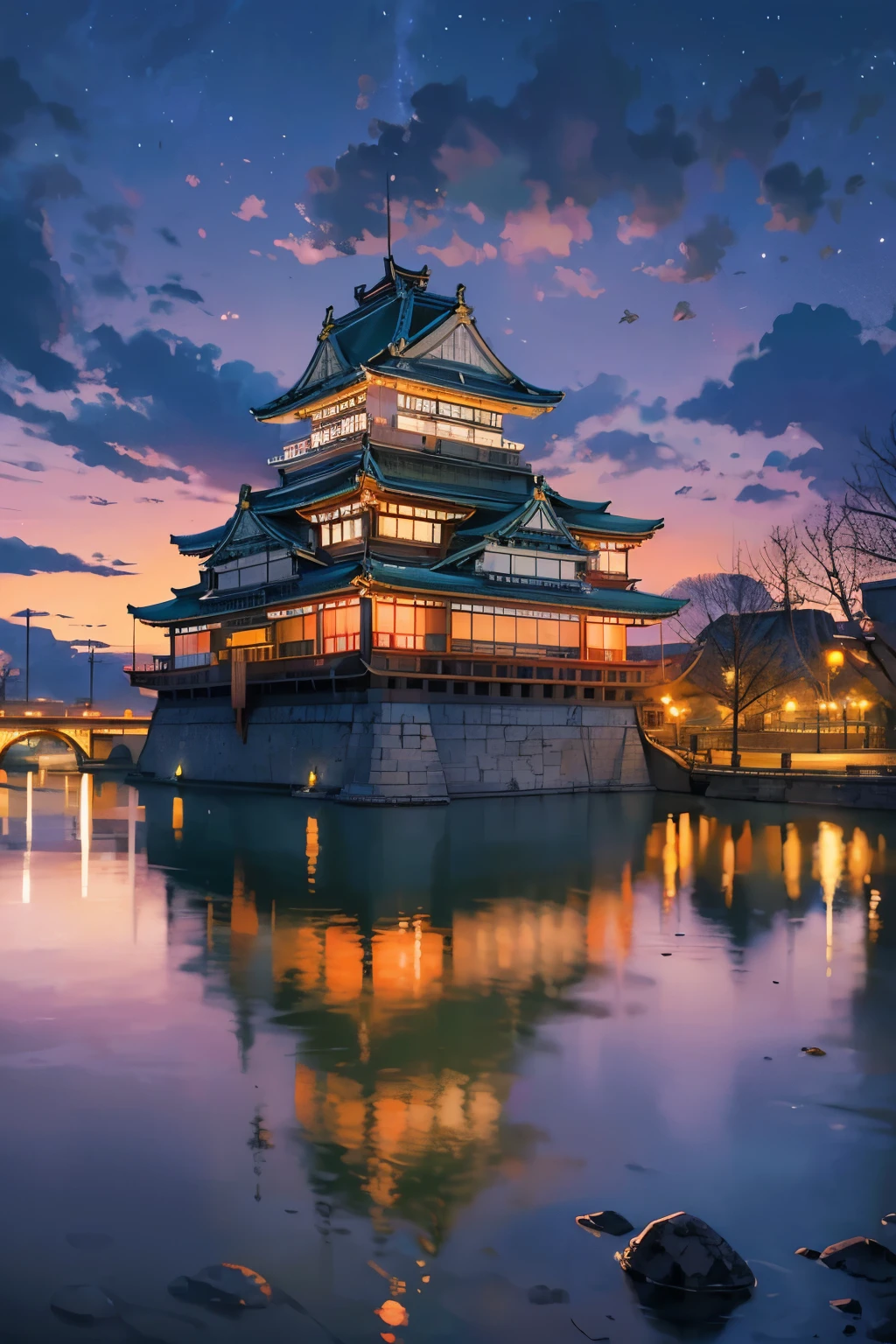 In the cloudy moonlit night, the towering Osaka Castle stands out with its grandeur and historic beauty. The realistic photographic style brings every detail to life, from the intricate designs on the castle walls to the tranquil reflection on the still water moat. The --ar 9:16 aspect ratio frames the magnificent view perfectly, immersing the viewer in the enchanting atmosphere of this iconic Japanese landmark. --s2 (A beautiful and intricately detailed digital illustration of a cloudy night scene featuring Osaka Castle)