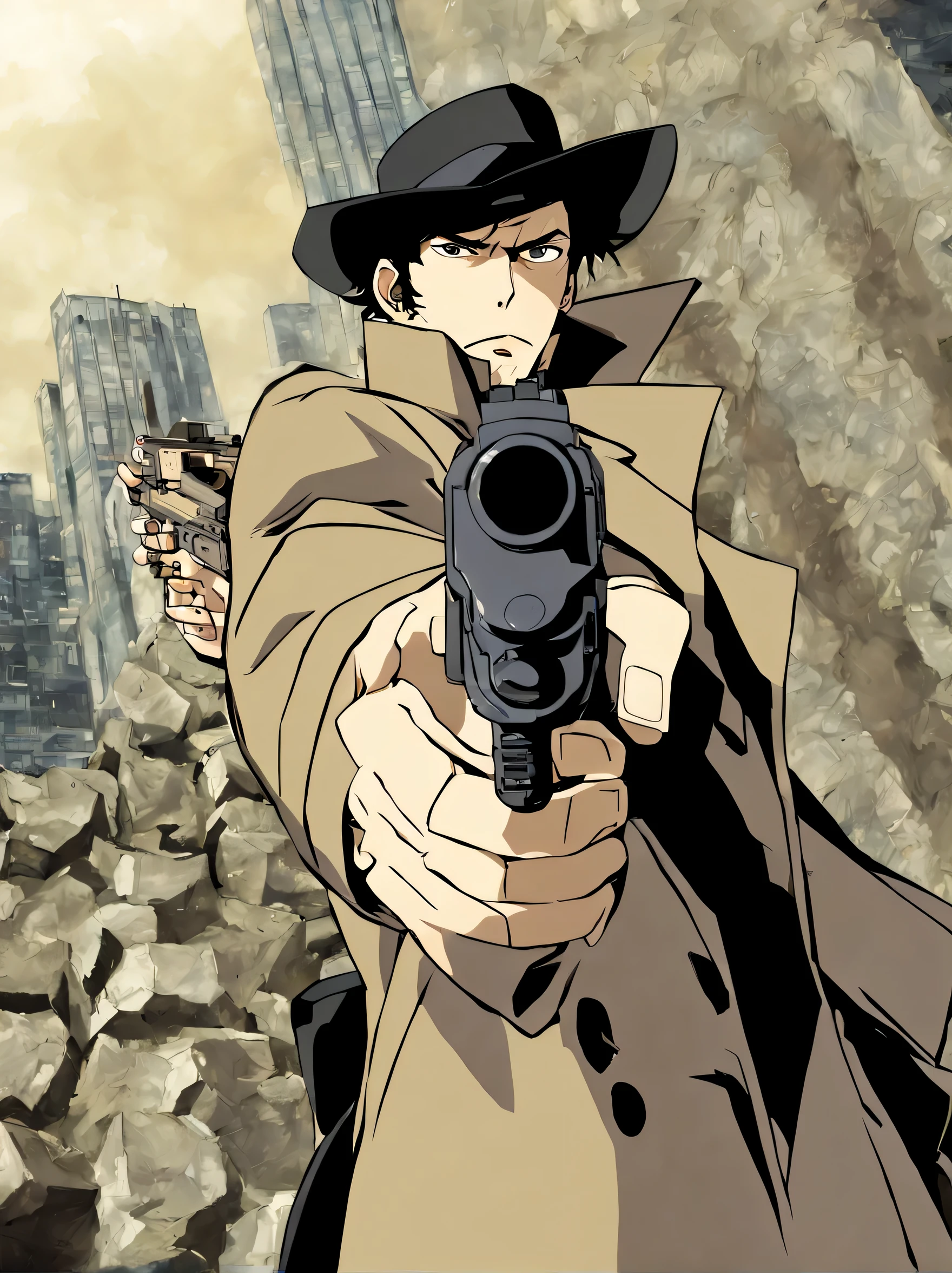 1boy, mature male, aiming, black_coat, black_hair, building, city, coat, facial_hair, gun, handgun, hat, holding, holding_gun, holding_weapon, male_focus, pistol, skyscraper, trench_coat, trigger_discipline, weapon, gunatyou