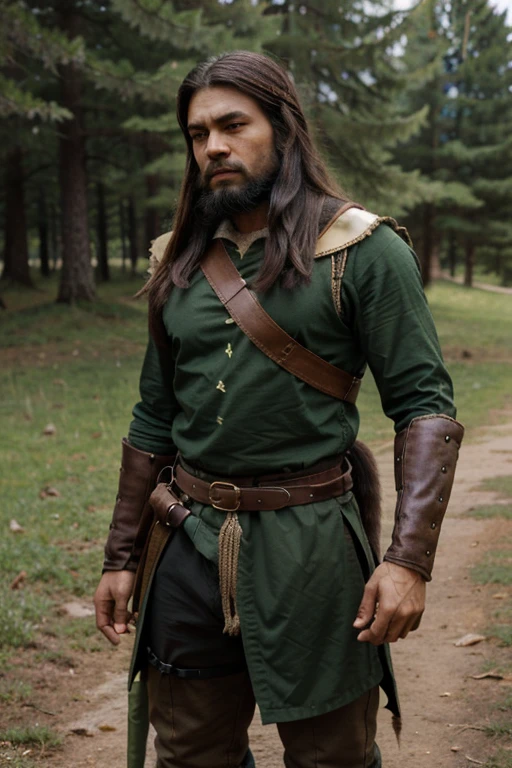 medieval fantasy ranger with dark green clothes, human, native american skin, with beard, with great bow and falcon