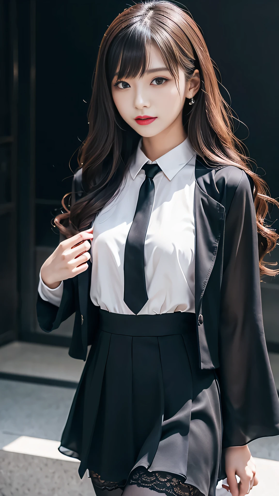 Super detailed、Japanese、charming beauty、Dainty woman、sharp eyes、cool girl、wavy hair、suit、Black chiffon dress、lacy fabric、wide sleeve、Jacket、white shirt、flare skirt、pantyhose、Shiny legs、evilの幹部、evil depravity、brainwashing、Mind control、lipstick、have lip gloss、grin、邪evilなな表情、evil、empty eyes、邪evilな、in the black room、