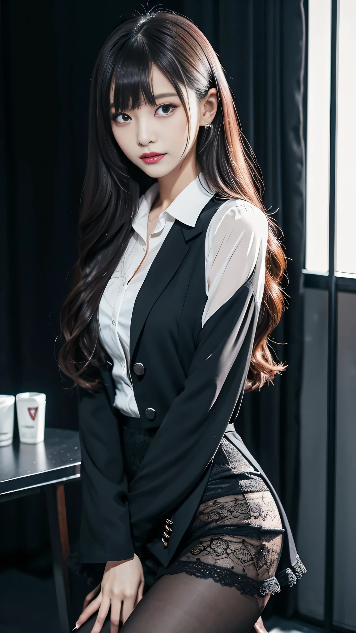 Super detailed、Japanese、charming beauty、Dainty woman、sharp eyes、cool girl、wavy hair、suit、Black chiffon dress、lacy fabric、wide sleeve、Jacket、white shirt、flare skirt、pantyhose、Shiny legs、evilの幹部、evil depravity、brainwashing、Mind control、lipstick、have lip gloss、grin、邪evilなな表情、evil、empty eyes、邪evilな、in the black room、