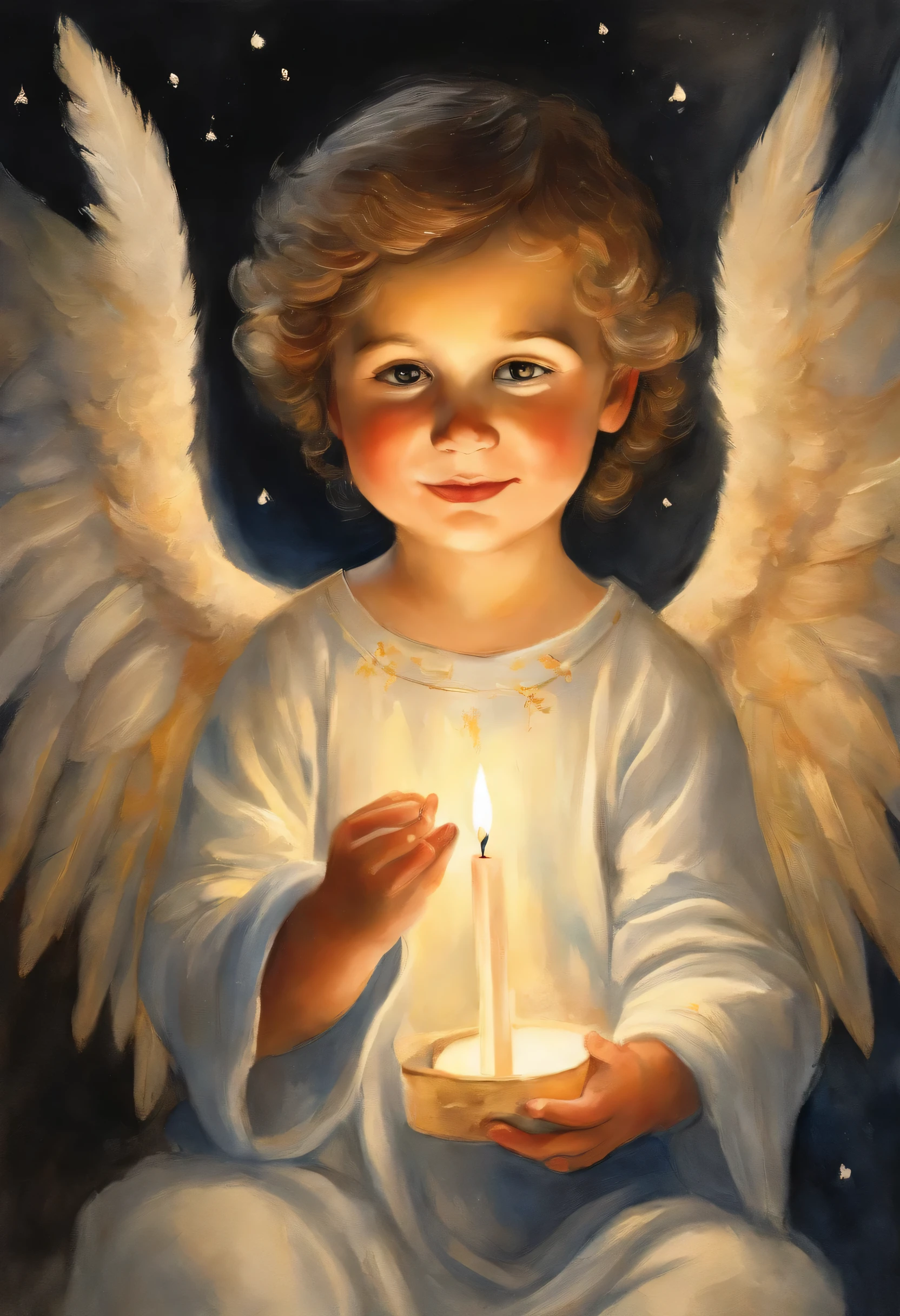obra de arte, melhor qualidade, foto do filme, Baby anjo boy, Jovem, anjoic, segurando velas, anjo, pequeno, Transformation candle floating in the sky, fechar-se, Brilhante, feliz, soft, warm lighting, luz de velas, igreja, Christmas Eve, (sparks :0.7)