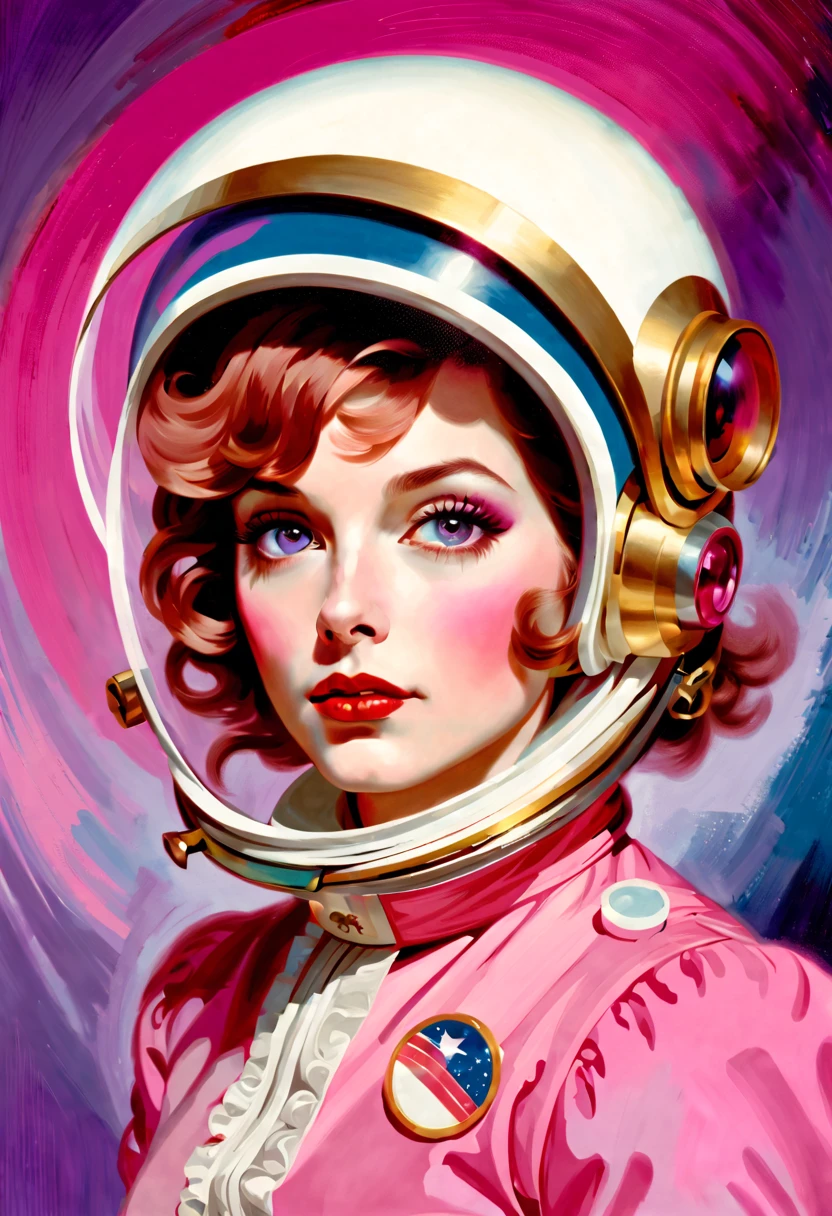 18th century masterpiece. Rolf Armstrong, Lichtenstein, Craig Davison, Artgerm, Fragonard, Ed Emshwiller. Perfect face, detailed face, detailed eyes. Exquisitely detailed portrait rococopunk astronaut wearing glass space helmet. Complex background. Pink tones, purple tones, red tones, gold. Oil painting, heavy strokes, exquisite clothing. Vogue fashion shoot.