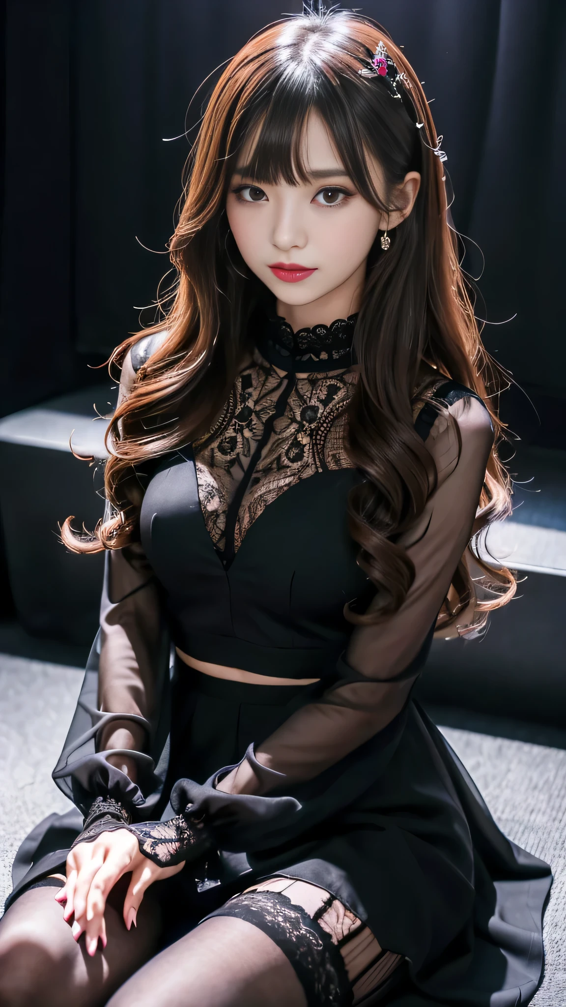 Super detailed、Japanese、charming beauty、Dainty woman、sharp eyes、cool girl、wavy hair、suit、Black chiffon dress、lacy fabric、wide sleeve、Jacket、white blouse、flare skirt、pantyhose、Shiny legs、evilの幹部、evil depravity、brainwashing、Mind control、lipstick、have lip gloss、grin、邪evilなな表情、evil、empty eyes、邪evilな、in the black room、