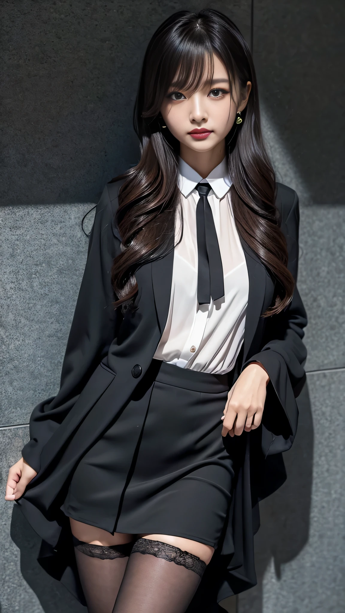 Super detailed、Japanese、charming beauty、Dainty woman、sharp eyes、cool girl、wavy hair、suit、Black chiffon dress、lacy fabric、wide sleeve、Jacket、white blouse、flare skirt、pantyhose、Shiny legs、evilの幹部、evil depravity、brainwashing、Mind control、lipstick、have lip gloss、grin、邪evilなな表情、evil、empty eyes、邪evilな、in the black room、