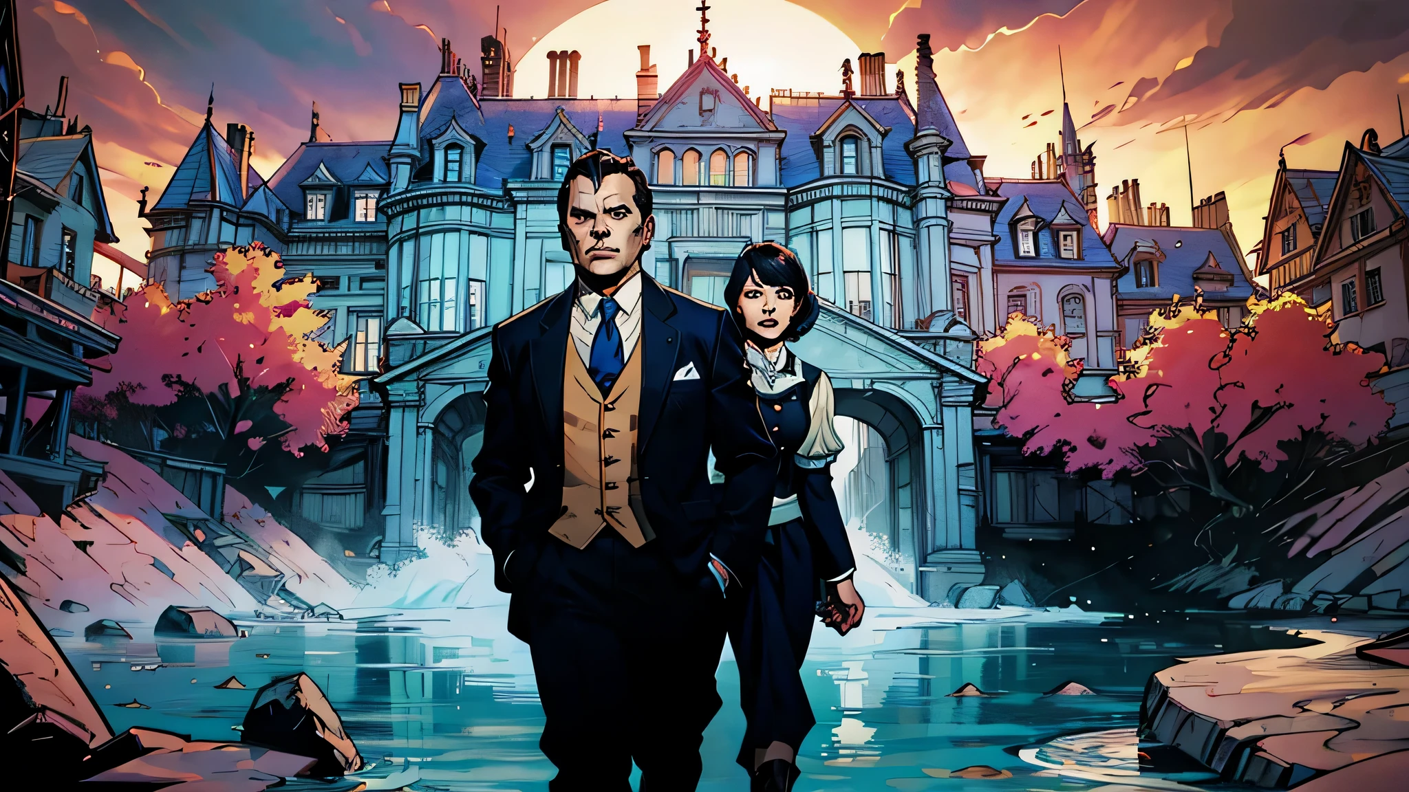 a comic-style image with an abandoned mansion in the background and a detective in a suit in the center, a imagem deve trazer um aspecto sombrio e tenso.