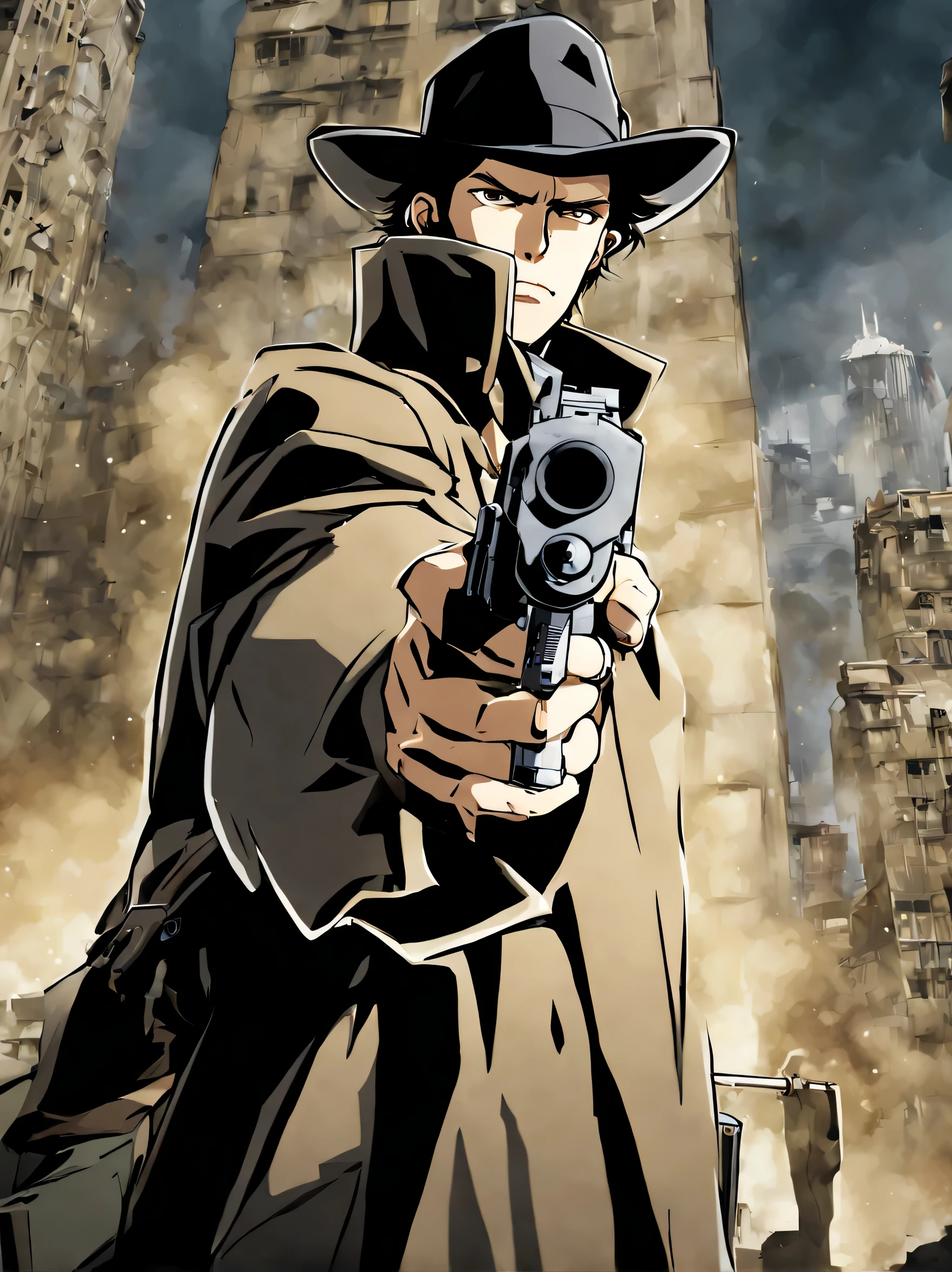 1boy, mature male, aiming, black_coat, black_hair, building, city, coat, facial_hair, gun, handgun, hat, holding, holding_gun, holding_weapon, male_focus, pistol, skyscraper, trench_coat, trigger_discipline, weapon, gunatyou