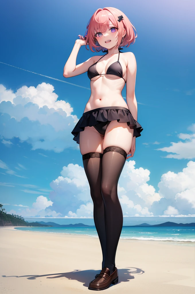 ((full body:1.4)), ddlcnatsuki, ddlcnatsuki, fang, hair ornament, pink hair, (purple eyes:1.1), short hair, short sidetail, swept bangs, x hair ornament, BREAK blazer, blue skirt,((black bikini:1.4)), x hair ornament, ((standing:1.4)), ((beach background:1.4)), ((medium breasts:1.4)), ((Brown loafers:1.4)) BREAK looking at viewer, BREAK indoors, classroom, BREAK (masterpiece:1.2), best quality, high resolution, unity 8k wallpaper, (illustration:0.8), (beautiful detailed eyes:1.6), extremely detailed face, perfect lighting, extremely detailed CG, (perfect hands, perfect anatomy), ((show teeths:1.4)), ((sky from bellow:1.4)), ((view from below:1.4)), ((black thighhighs:1.4)),