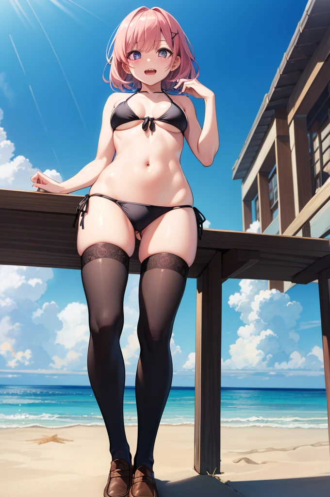 ((full body:1.4)), ddlcnatsuki, ddlcnatsuki, fang, hair ornament, pink hair, (purple eyes:1.1), short hair, short sidetail, swept bangs, x hair ornament, BREAK blazer, blue skirt,((black bikini:1.4)), x hair ornament, ((standing:1.4)), ((beach background:1.4)), ((medium breasts:1.4)), ((Brown loafers:1.4)) BREAK looking at viewer, BREAK indoors, classroom, BREAK (masterpiece:1.2), best quality, high resolution, unity 8k wallpaper, (illustration:0.8), (beautiful detailed eyes:1.6), extremely detailed face, perfect lighting, extremely detailed CG, (perfect hands, perfect anatomy), ((show teeths:1.4)), ((sky from bellow:1.4)), ((view from below:1.4)), ((black thighhighs:1.4)),