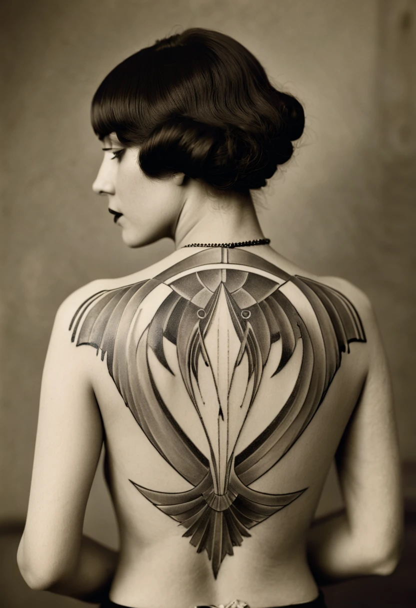 art deco tatto on a woman's back, agressive, year 1925 in paris.