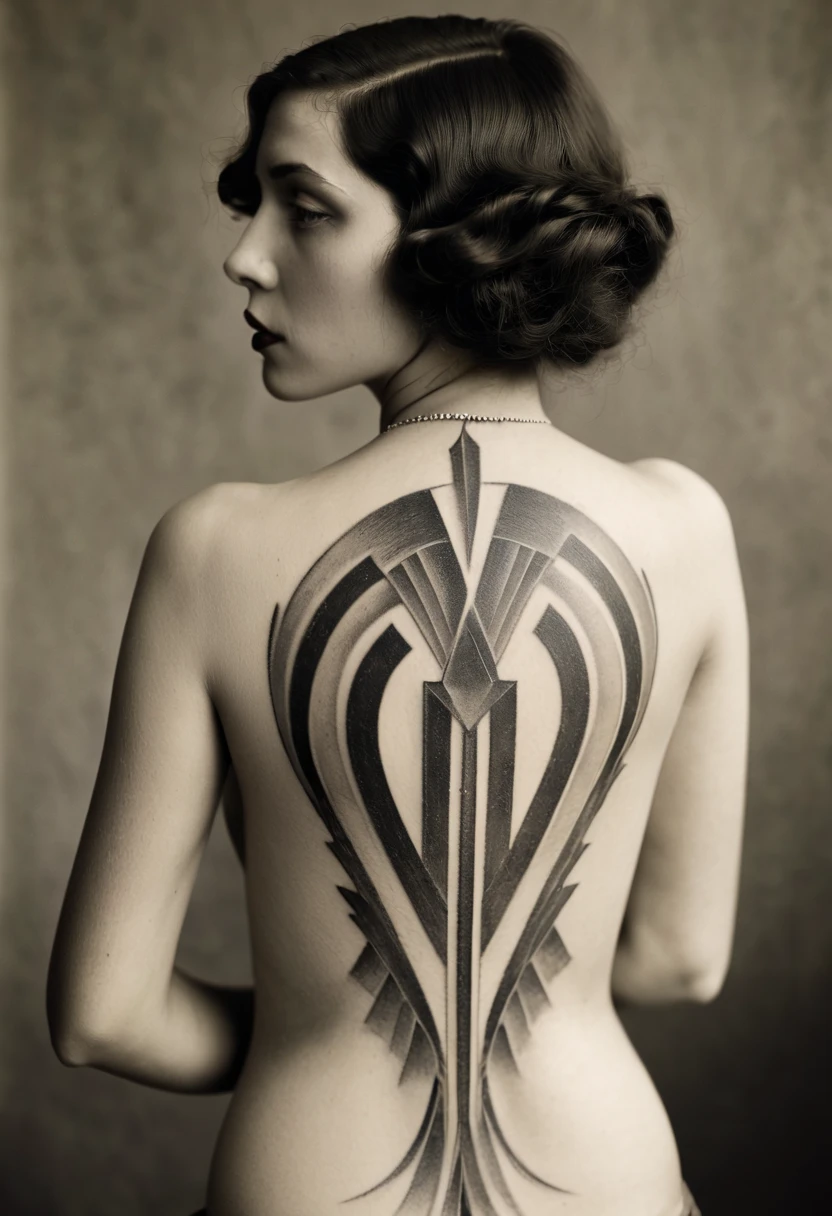 art deco tatto on a woman's back, agressive, year 1925 in paris.