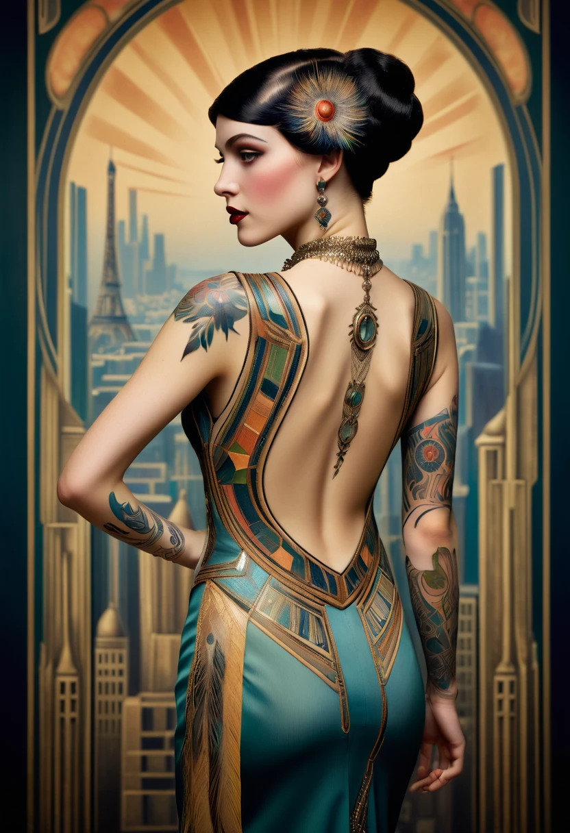 (highres:1.2),art deco tattoo on a woman's back,aggressive,1925 in Paris,woman with a strong expression,exquisite details,expressive eyes,precise lines and curves,vibrant colors,stunningly detailed jewelry,gleaming metallic tones,ornate patterned motifs,elaborate art deco style,imposing posture,proud and confident stance,sleek and streamlined design,industrial elements blended with organic shapes,symmetry and geometric patterns,cityscape in the background,elegant buildings of the 1920s,upbeat jazz music filling the air,bustling crowd dressed in glamorous fashion,exciting and lively atmosphere,decadent parties and social extravagance,feathers and furs adorning fashionable women,smoke swirling from long cigarette holders,flashing cameras capturing the vibrant energy,sophisticated and avant-garde art scene,captivating fusion of modernism and luxury,rich cultural and artistic heritage,enchanting celebration of creativity,inspiration flowing through the veins of the city.