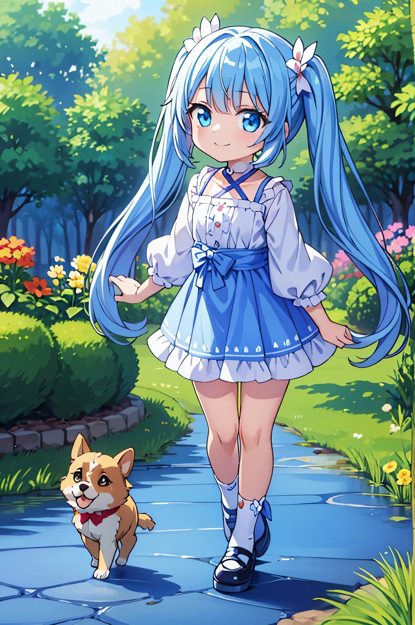 A flower garden bathed in sunlight　light blue long hair　Girl with Twin Tails　With my two dogs　A really fun walk　adorable smile　