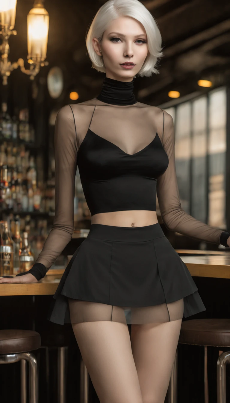 A realistic (slender:2.0) woman ([transparent|opaque:0.1] black tulle mini skirt:1.5) and ([transparent|opaque:0.1] turtleneck:1.5) (exclusive club) (sitting on a bar chair), (braless:2.0), (pale skin), (small breasts), (black stockings), (extreme high-heels), (long neck:2.0), (short white hair), (bob hairstyle), (long gloves)
