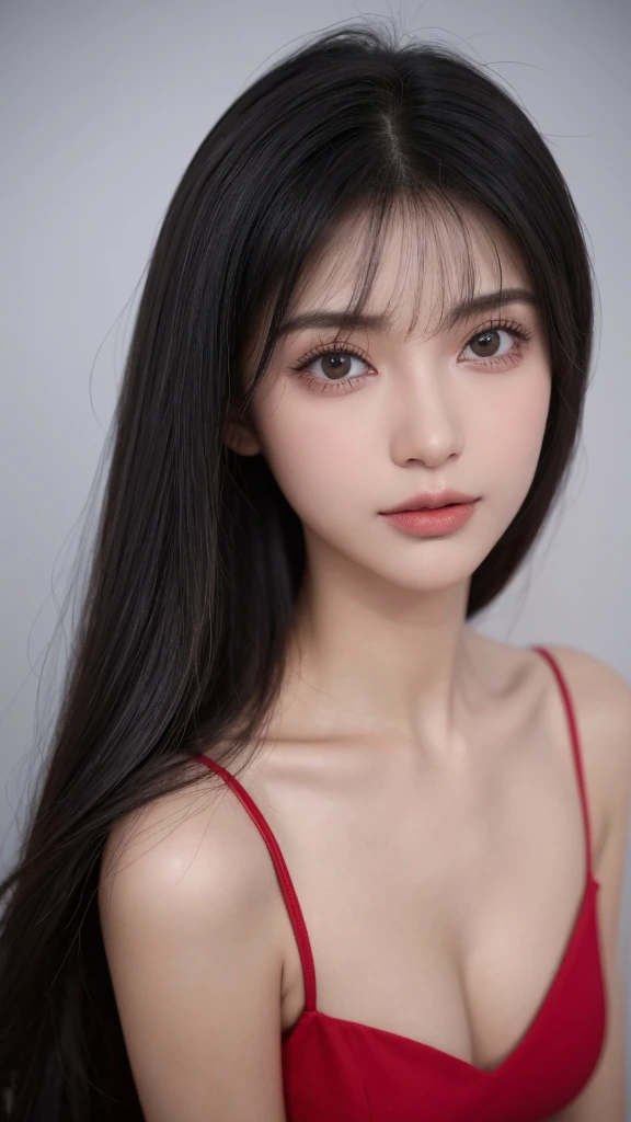 Close up de uma mulher em um vestido rosa claro tirando foto com o celular, com cabelo comprido preto com franja, vestido rosa claro, Asian woman with long black hair with bangs, Garota japonesa com franja cabelo preto, pequenos seios, vestido rosa claro, corte de cabelo longo preto com franja, seios pequenos, perfeito skin, cabelo molhado preto com franja, perfeito, Cabelo escuro preto com franja, olhos escuros, textura altamente detalhada do rosto e da pele, belos olhos, cabelo com franja preto, sorrindo, japonesa