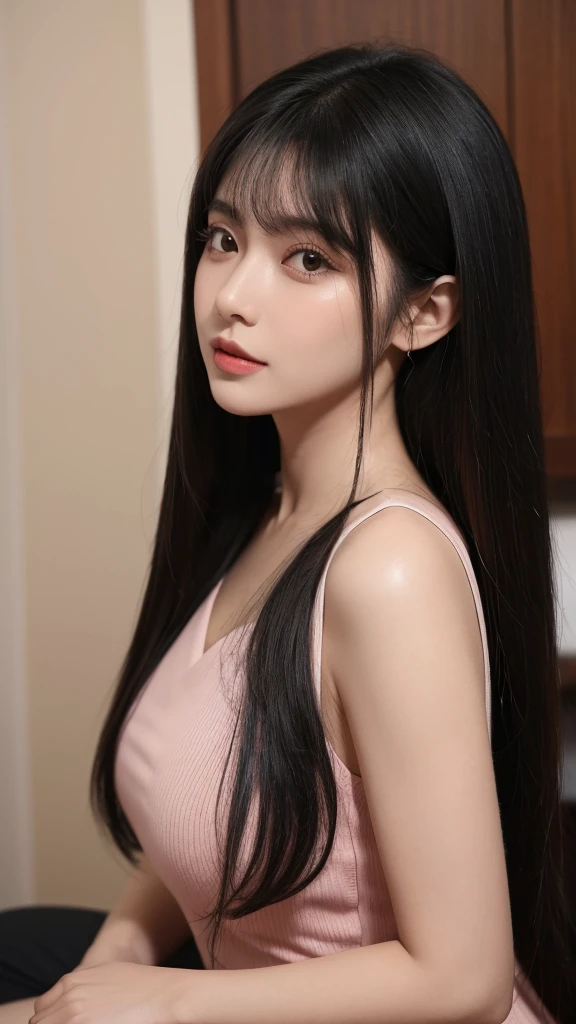 Close up de uma mulher em um vestido rosa claro tirando foto com o celular, com cabelo comprido preto com franja, vestido rosa claro, Asian woman with long black hair with bangs, Garota japonesa com franja cabelo preto, pequenos seios, vestido rosa claro, corte de cabelo longo preto com franja, seios pequenos, perfeito skin, cabelo molhado preto com franja, perfeito, Cabelo escuro preto com franja, olhos escuros, textura altamente detalhada do rosto e da pele, belos olhos, cabelo com franja preto, sorrindo, japonesa