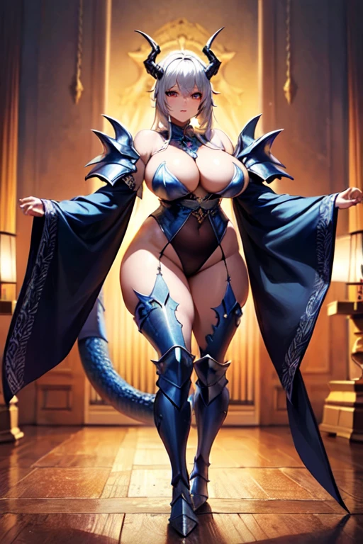 A woman with dragon horns is covered in dragon scale armor, dragon horn is extremely luxurious, dragon tail, beautiful dragon scale armor, armor openwork, complex armor, beautiful armor, fantasy armor, intricate details armor, long and elegant tail behind, stunning details, imperial armor, ethereal, goddess, Japanese goddess, full body photo close-up, (transparent areola), chubby, huge breasts, oily body, fleshy body, plump body, perfect masterpiece, highest image quality, perfect picture quality, 8K, full body lens, ( Front portrait: 1.1), delicate face, glowing eyes, very fine style, perfect masterpiece, highest image quality, perfect picture quality, 8K,