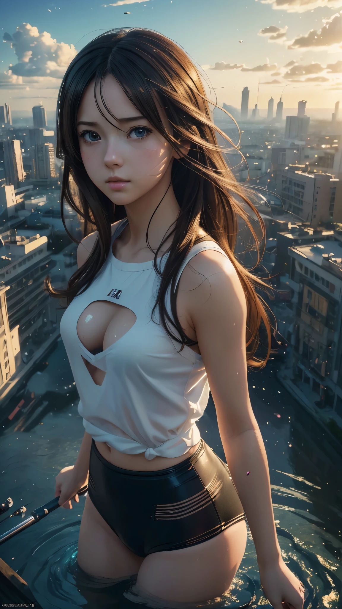 (anime), (cute) (masterpiece), (best quality, 4k, 8k, highres, masterpiece:1.2), ultra-detailed, (realistic, photorealistic, photo-realistic:1.37), 1 girl, upper body, (double exposure:1.2), (simple background:1), (cinematic angle), (dynamic angle), messy long hair, (low contrast), (flat color:0.7)