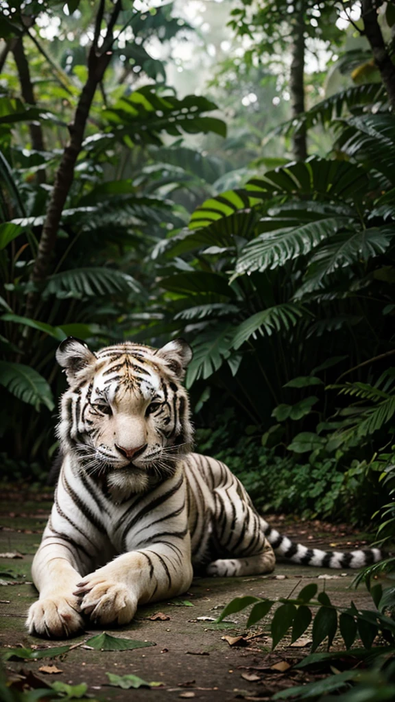 White tiger, ultra realistic, uhd, 16k, dslr blur background, green rain forest background, leafs on ground, tiger facing viewer, no emotions, clean tiger, f1.4