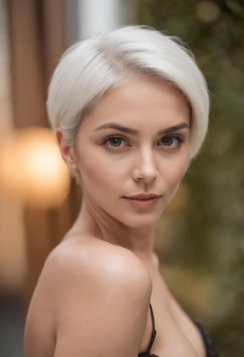 Uma negra terna, short white hair on the head, em roupas transparentes, um belo corpo sexy, mini panties and a mini bra, contra o fundo de um interior desfocado, Uma pose sexy, corpo todo, (pelada)