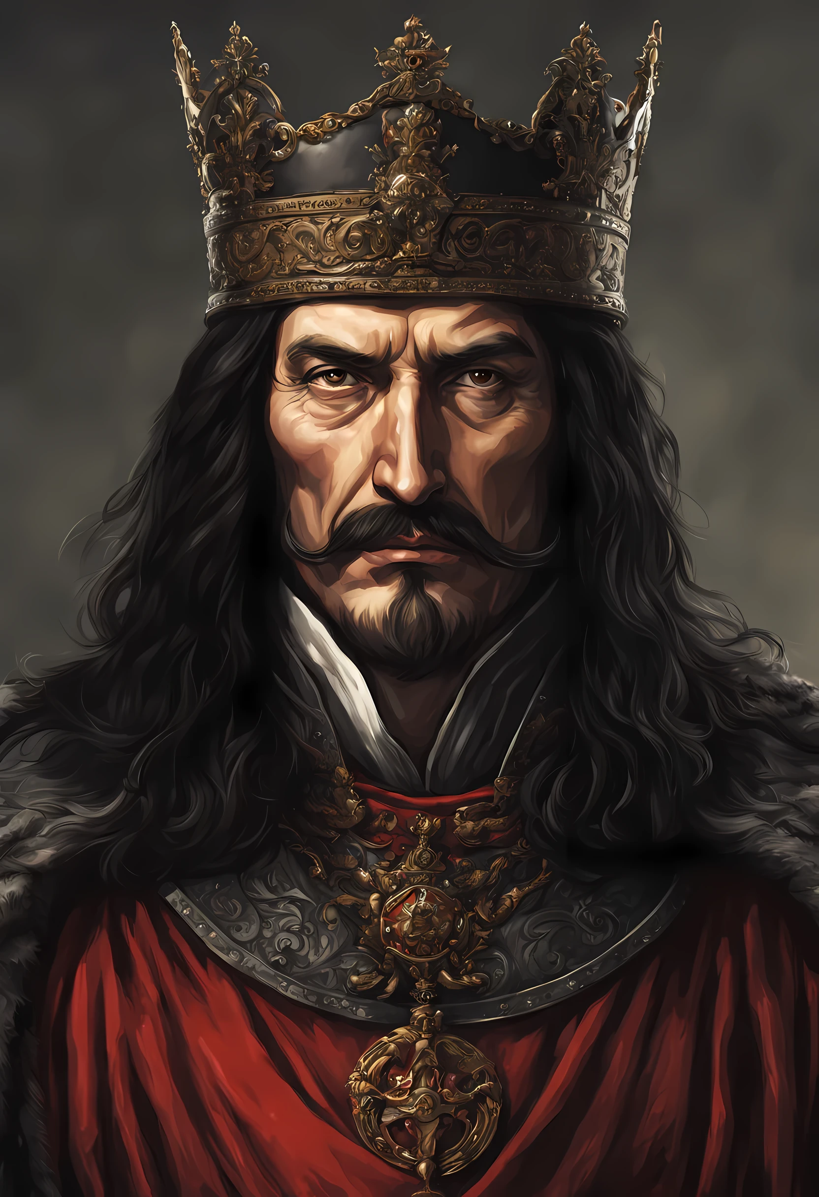 Generate a compelling and historically accurate image depicting Vlad Tepes, also known as Vlad the Impaler. Capture the essence of his 15th-century persona, incorporating details such as his royal attire, stoic expression, and the medieval setting. Infuse the image with an air of mystery and historical authenticity, reflecting the notorious reputation of Vlad Tepes as a formidable ruler. Consider including subtle elements that nod to his impaling tactics while maintaining a tasteful and respectful representation of this iconic historical figure.