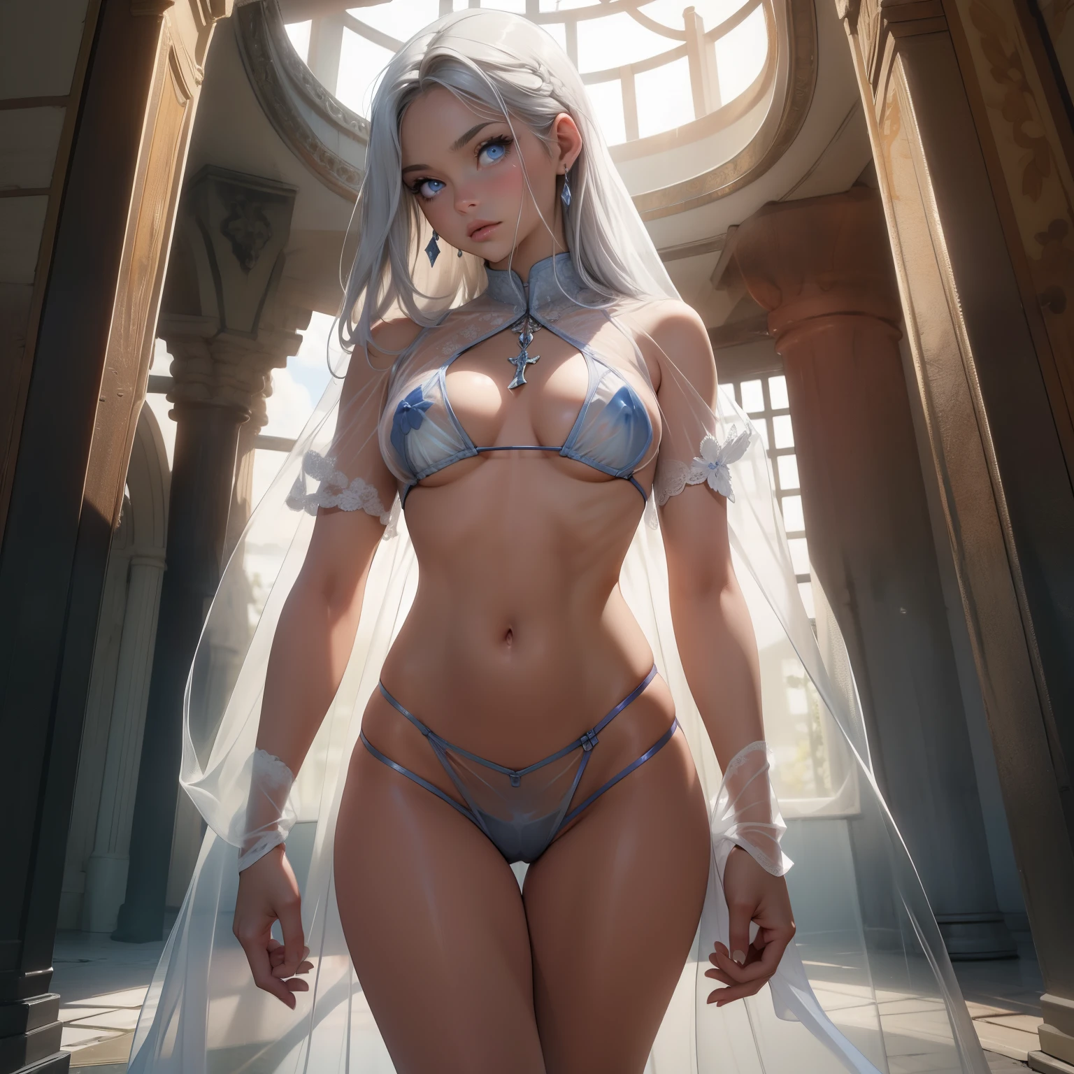 (quality)), ((masterpiece)), Recommended resultsluffly、(see through:1.5)、whole body 、Swollen nipples,straighten your back、Elongated abdomen、huge bust、angle to floor:1.2、low camera angle、There is leakage from the crotch、Whole body facing the camera,Hair can be seen on the crotch,Gray hair and blue eyes,White skin