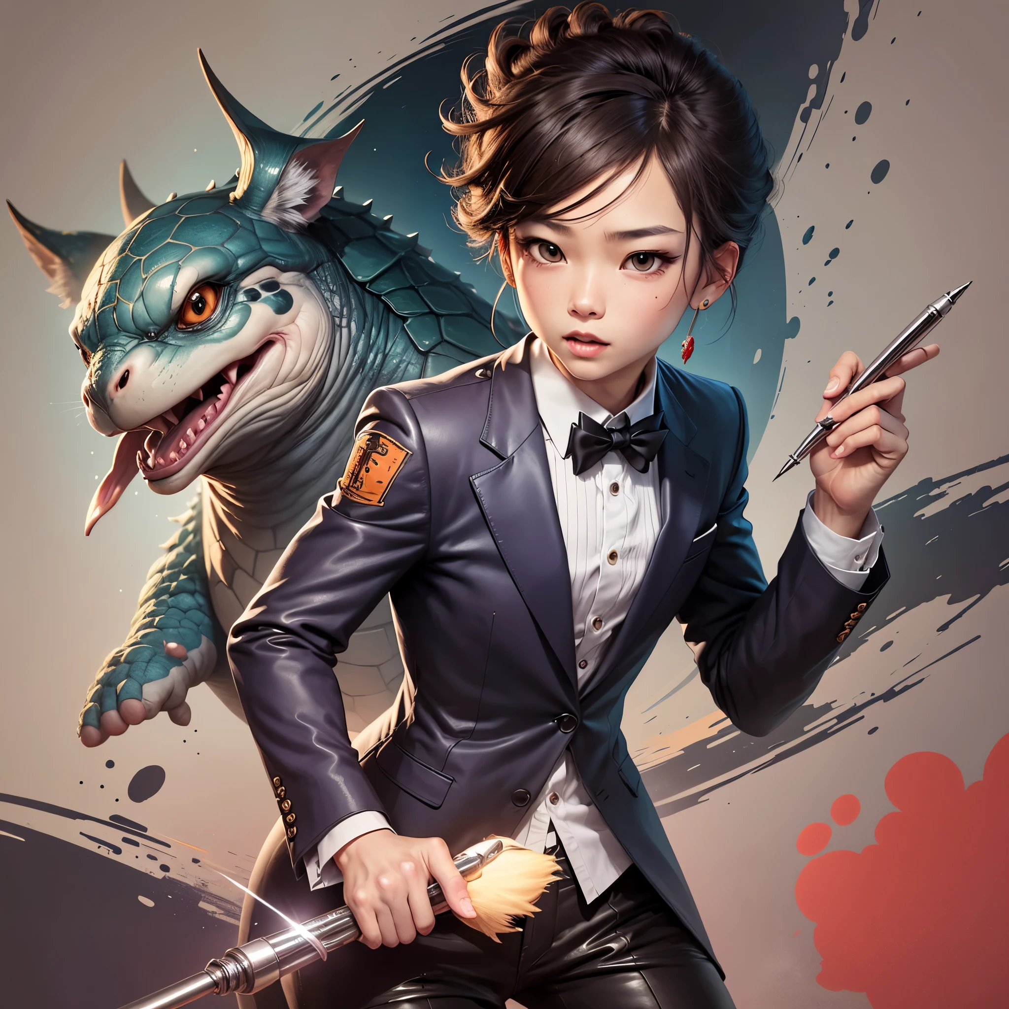 Cartoon character IP, wearing a Chinese suit, holding a pen, a turtle boy, a pure white background