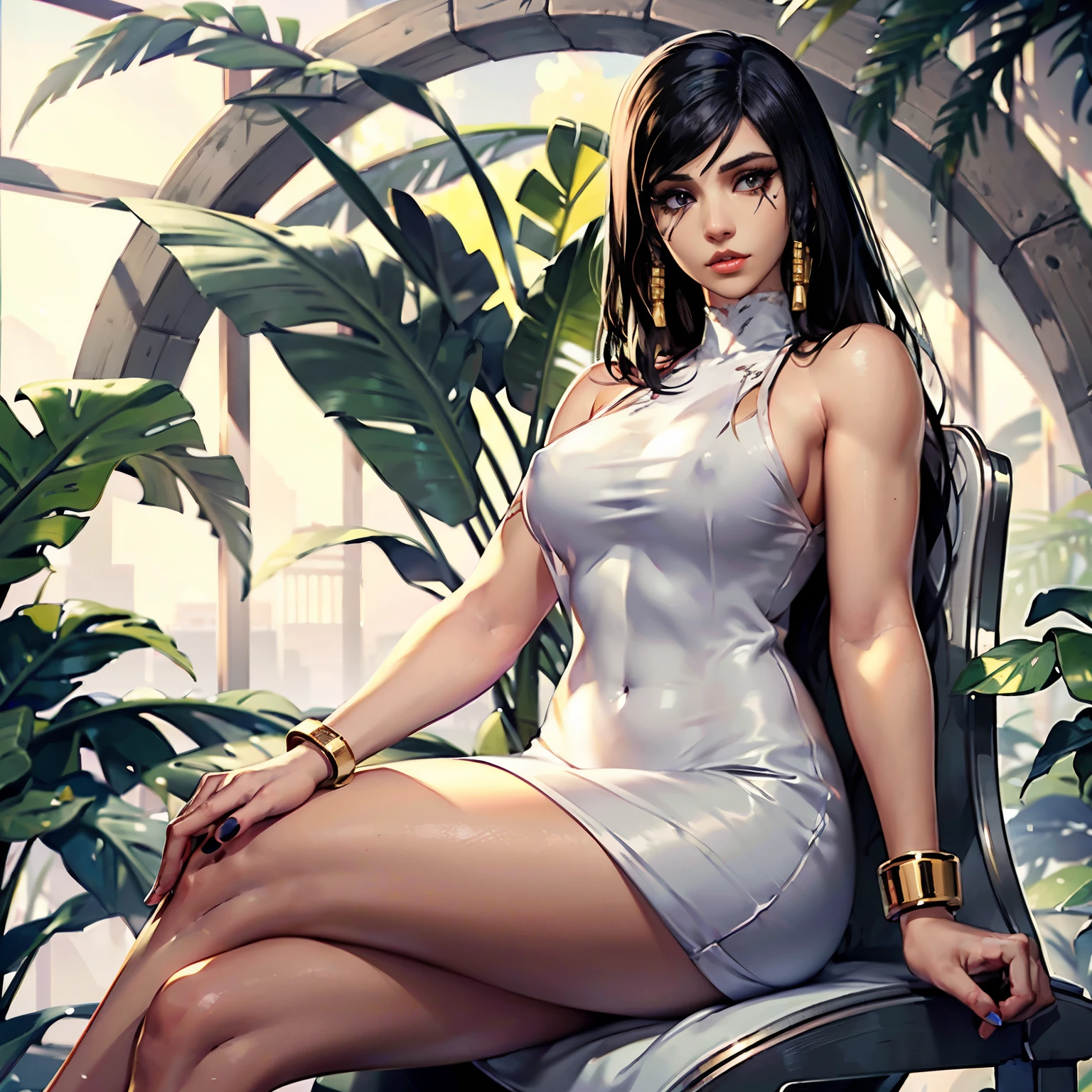 hyper realistic, highly detailed masterpiece of beautiful Pharah from Overwatch, (sitting on thrown:1.3), curvy thick body , tanned skin , black braided hair, perfect face features, thick kissable lips, golden eyes, thick eyebrows, eyelashes, thin nose, glowing eyes, thick eyeliner, golden accessories, jewelries, muscular body shape , wearing white see through nuisette , seductive look, (see-through dress:0.99), nipples, OverallDetail,